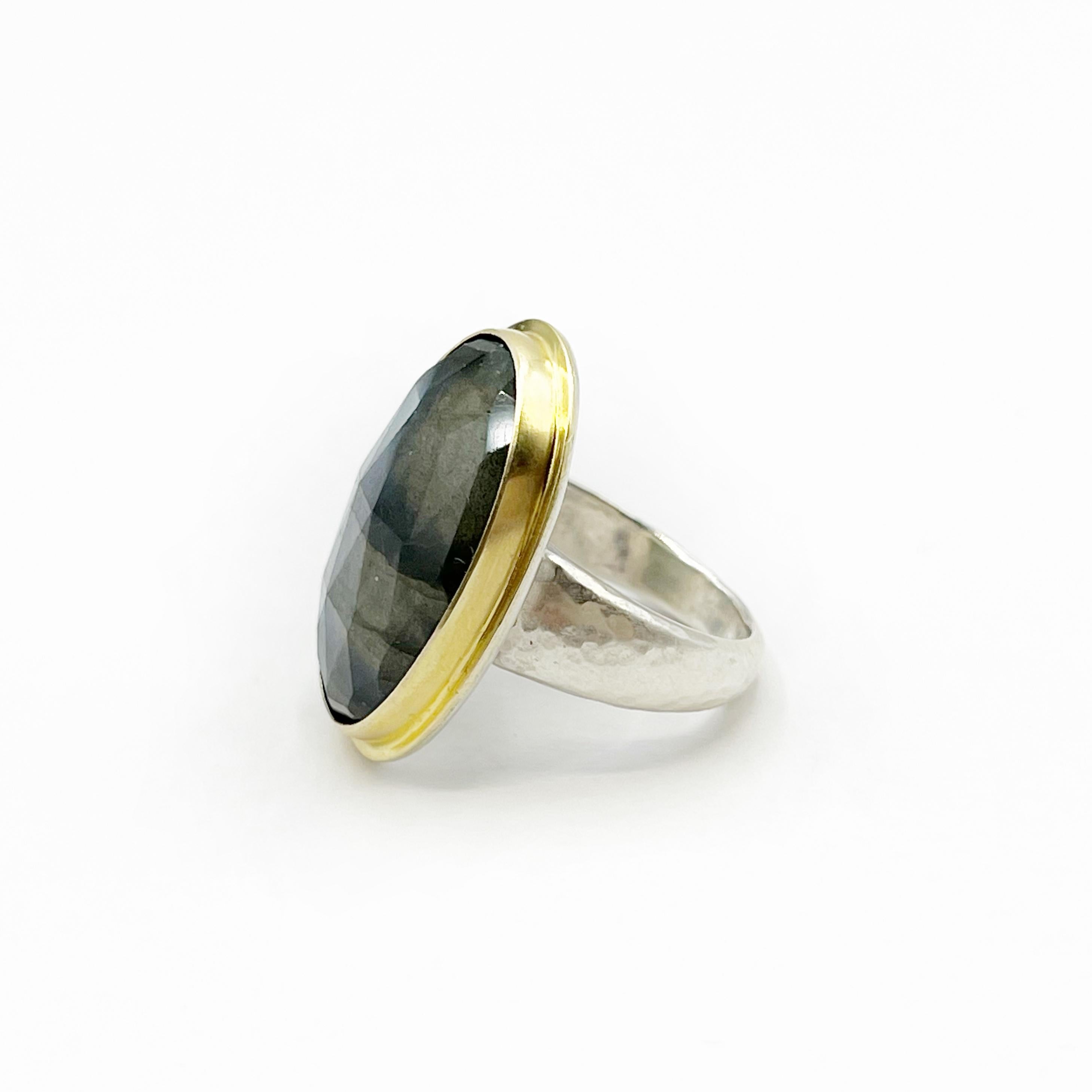 Oval Cut Labradorite Rose 18 Carat Cut Oval Set in 18 Karat with Hammered Silver Ring For Sale