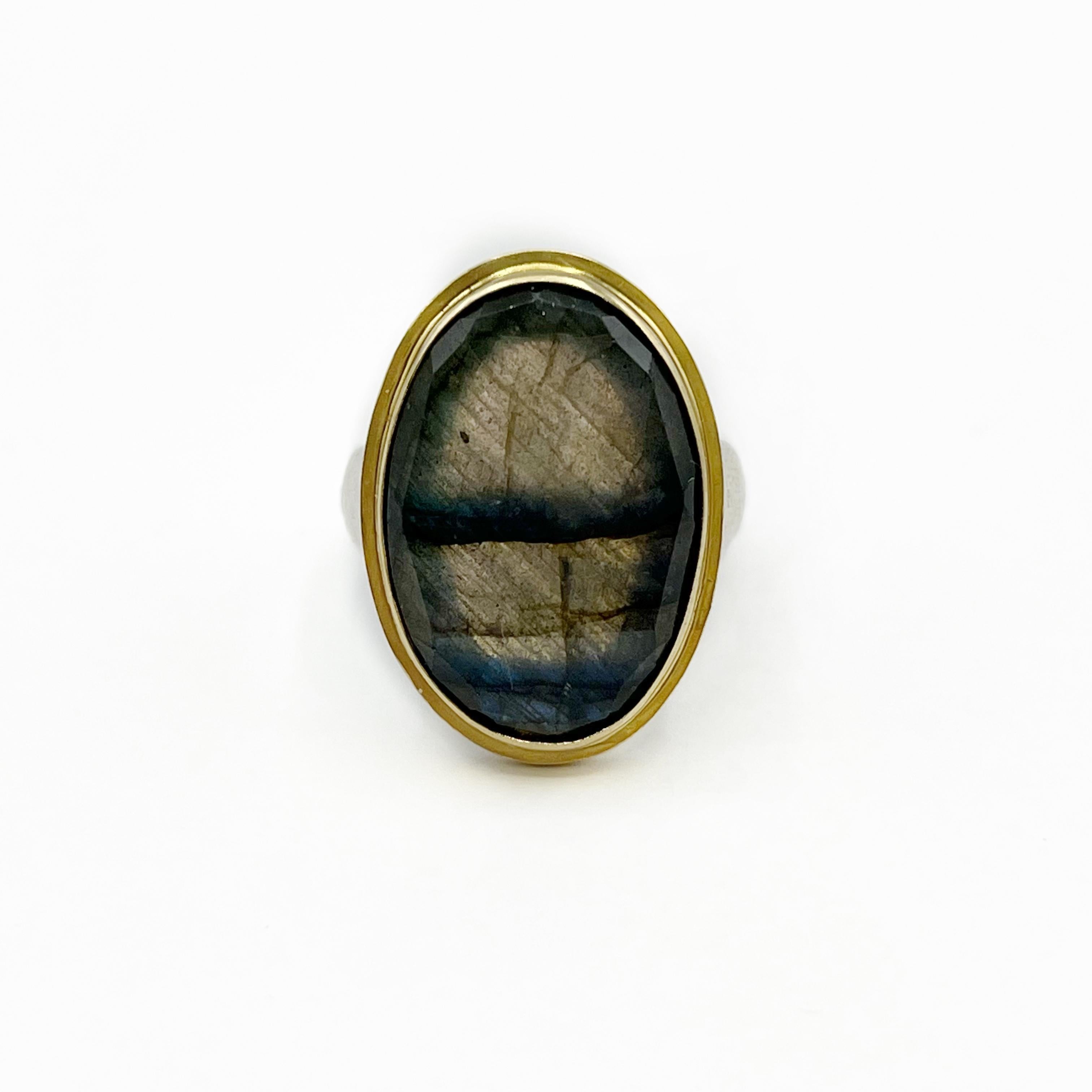 Labradorite Rose 18 Carat Cut Oval Set in 18 Karat with Hammered Silver Ring In New Condition For Sale In Berkeley, CA