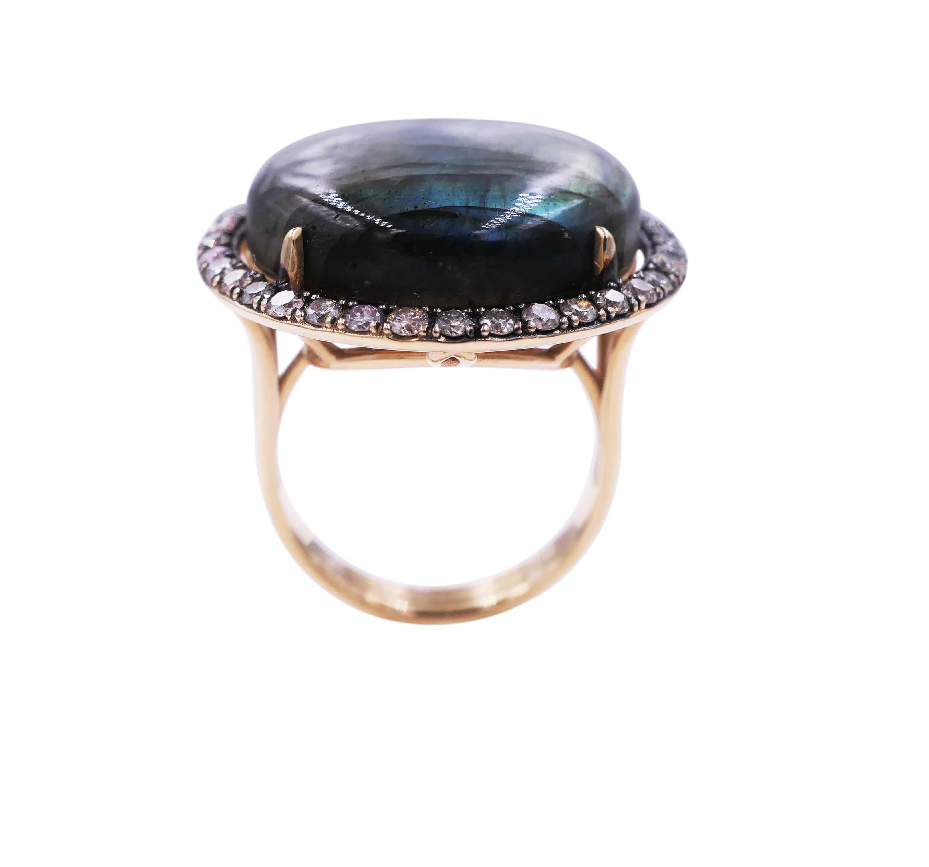 Art Deco Labradorite Round Cabochon Halo Silver Cognac Diamonds 14 Karat Yellow Ring For Sale