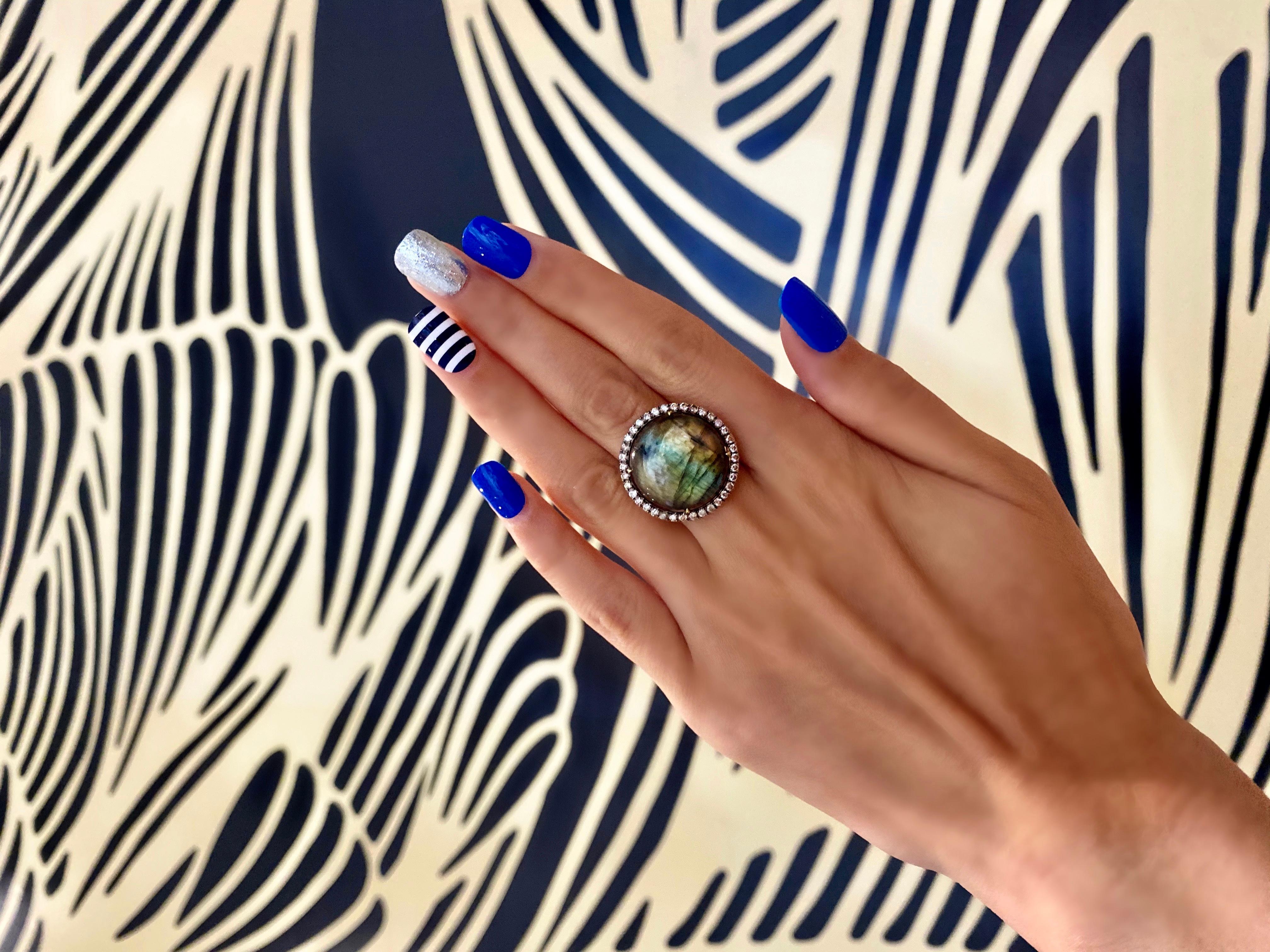 Round Cut Labradorite Round Cabochon Halo Silver Cognac Diamonds 14 Karat Yellow Ring For Sale