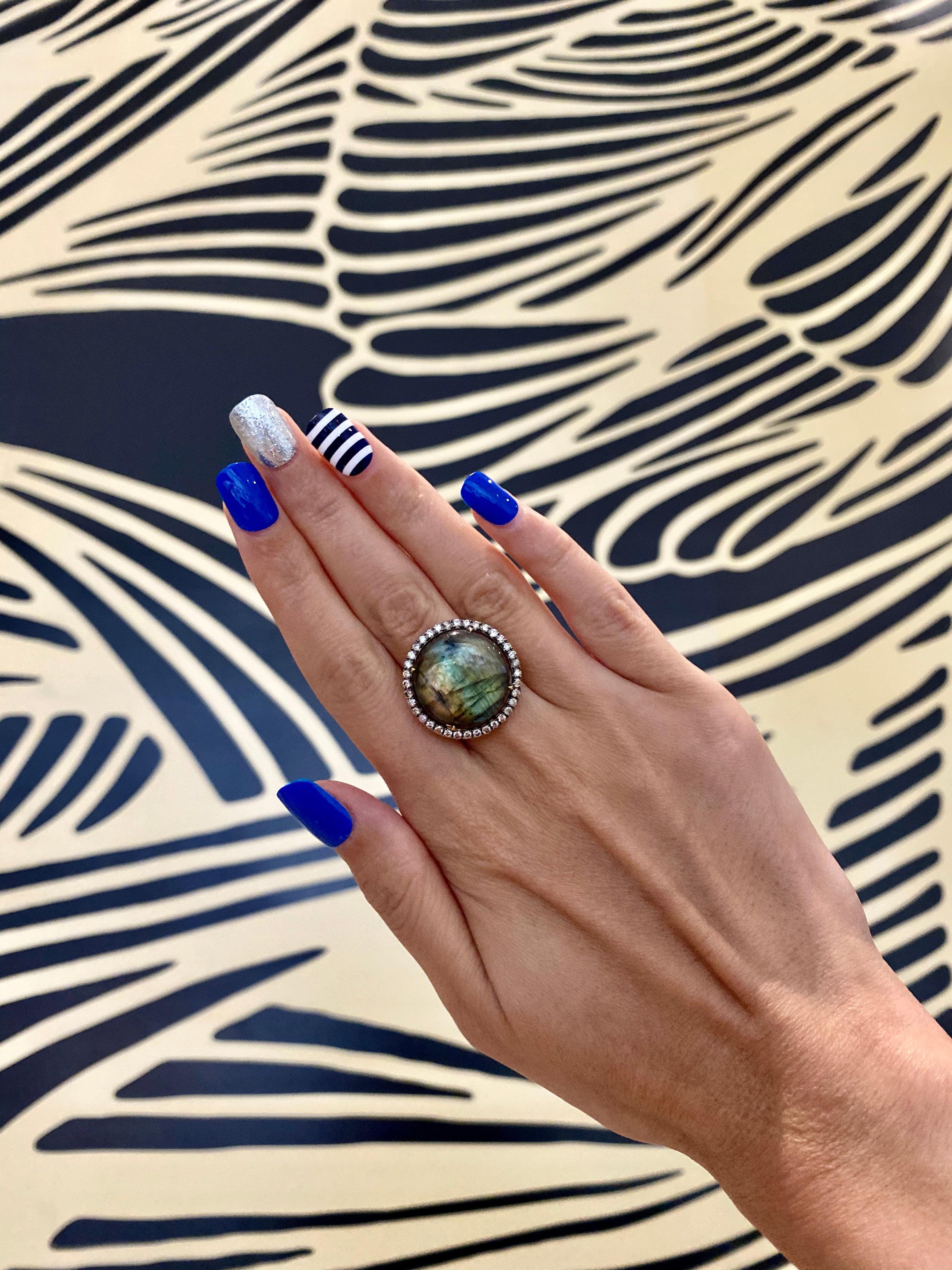 Labradorite Round Cabochon Halo Silver Cognac Diamonds 14 Karat Yellow Ring In New Condition For Sale In Oakton, VA