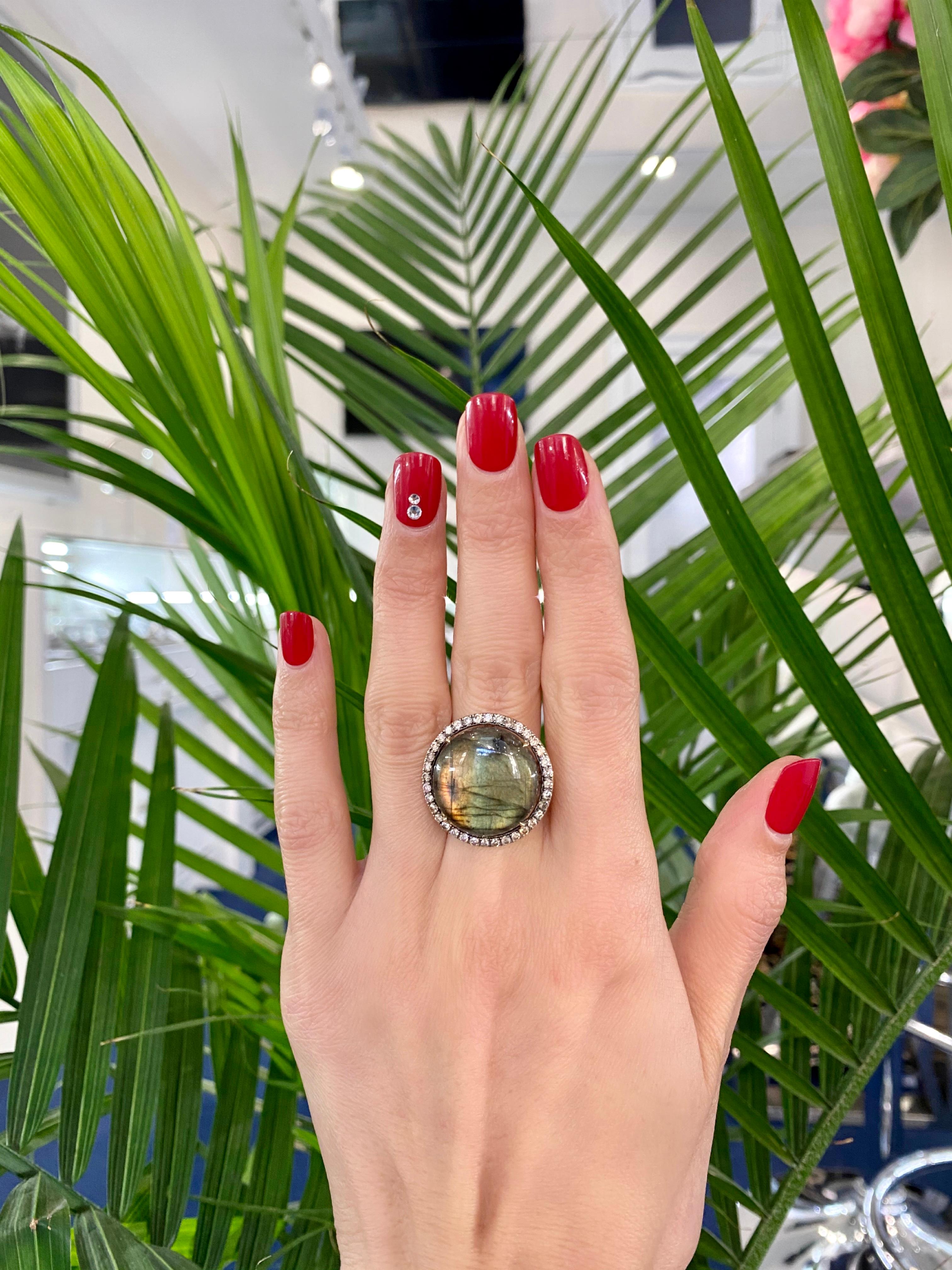 Women's or Men's Labradorite Round Cabochon Halo Silver Cognac Diamonds 14 Karat Yellow Ring For Sale