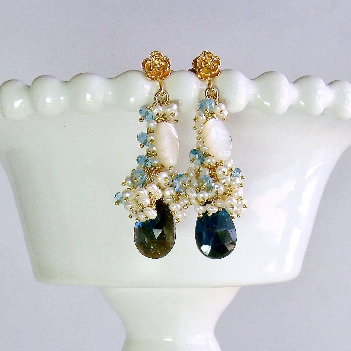 Artisan Labradorite Seed Pearls London Blue Topaz Cluster Earrings