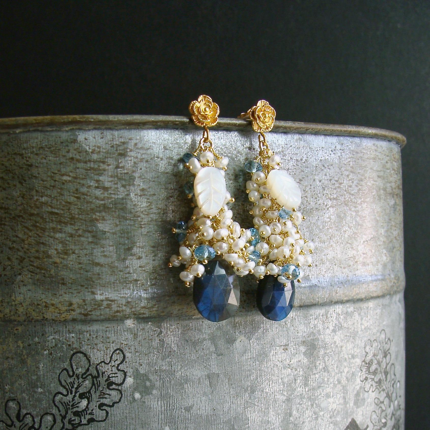 Labradorite Seed Pearls London Blue Topaz Cluster Earrings In New Condition In Colleyville, TX