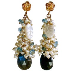 Labradorite Seed Pearls London Blue Topaz Cluster Earrings