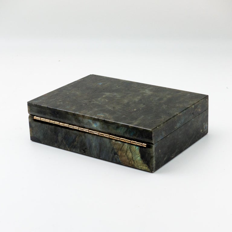 Indian Labradorite Semi Precious Stone Box with Hinged Lid For Sale