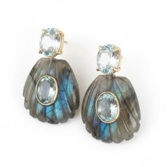 Labradorite Shell Earrings with Sky Blue Topaz and 14k Gold