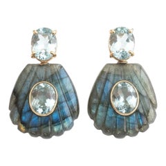 Labradorite Shell Earrings with Sky Blue Topaz and 14k Gold
