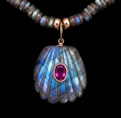 Labradorite Shell Necklace with Pink Tourmaline and 14k Gold, 16"