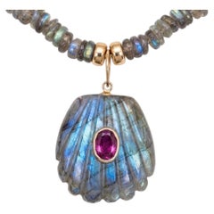 Labradorite Shell Necklace with Pink Tourmaline and 14k Gold, 16"