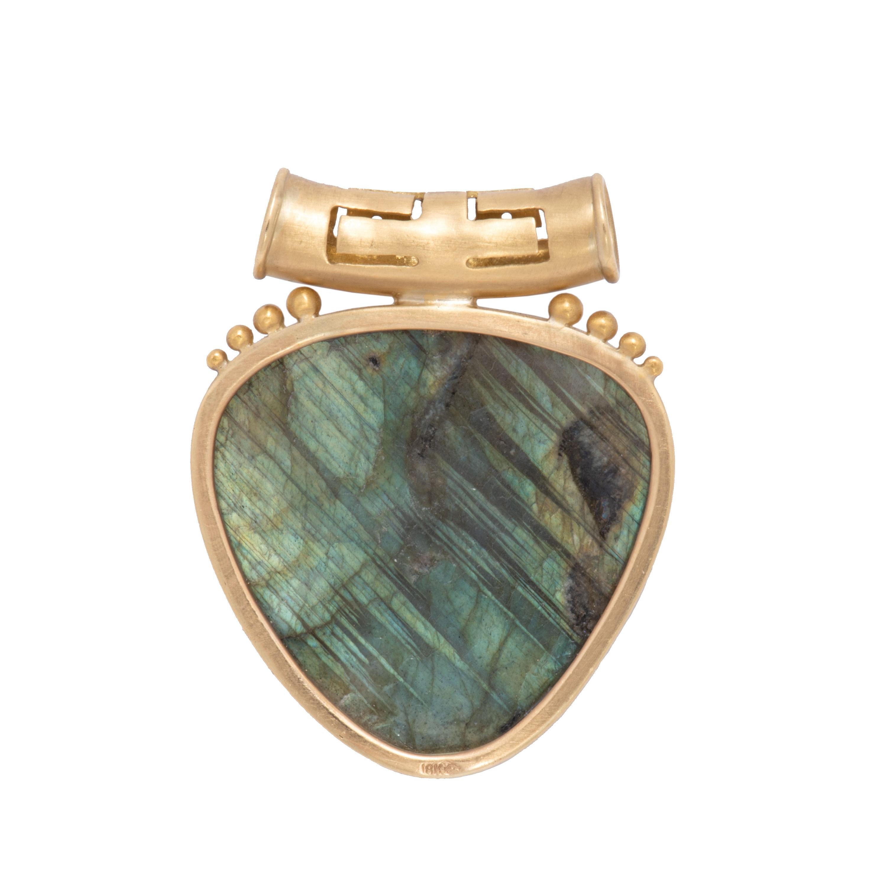 Labradorite Shield Pendant in 18 Karat Gold with Green Sapphire In New Condition For Sale In Santa Fe, NM