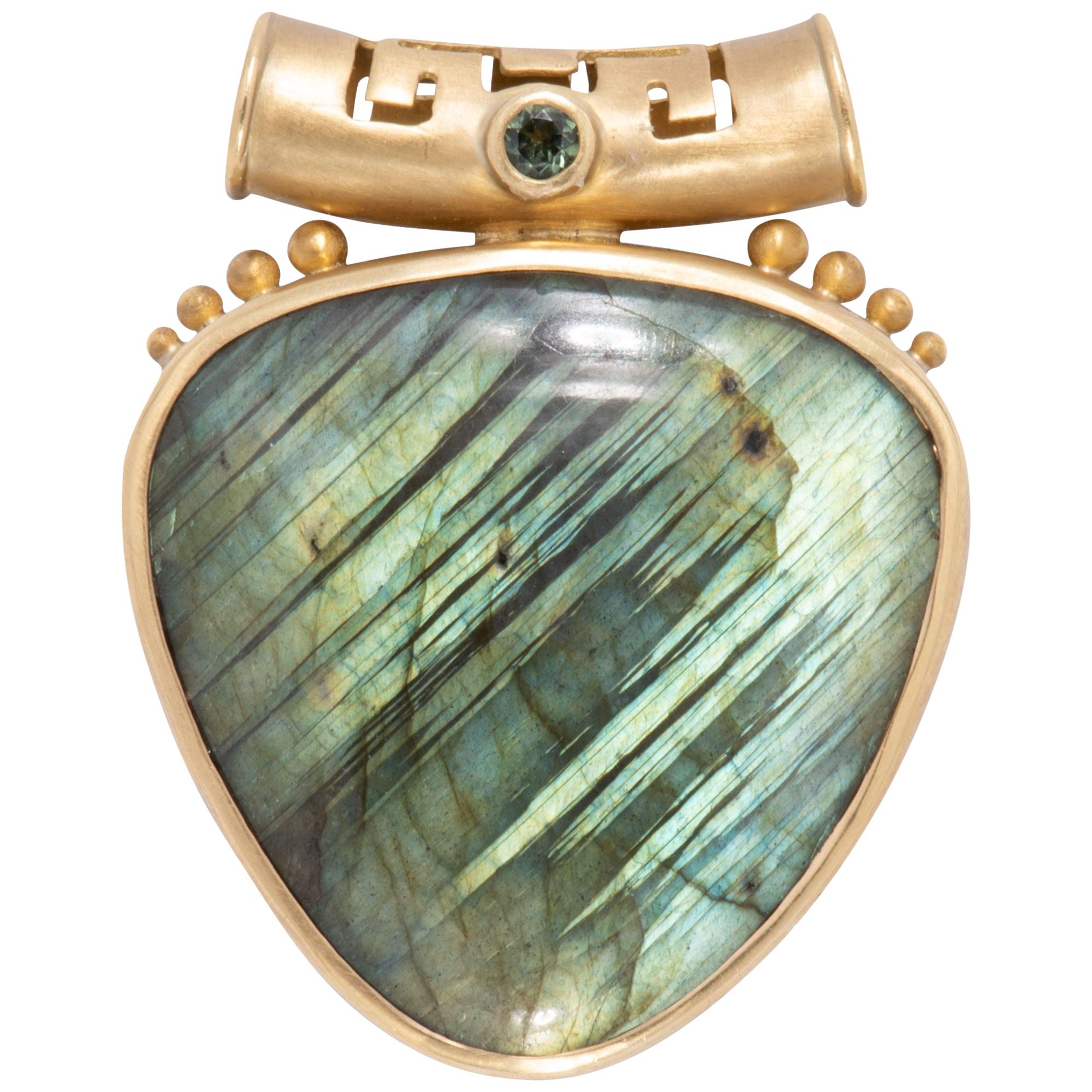 Labradorite Shield Pendant in 18 Karat Gold with Green Sapphire For Sale
