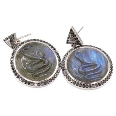 Labradorite Snake Earrings with Black Diamonds in 18K Gold