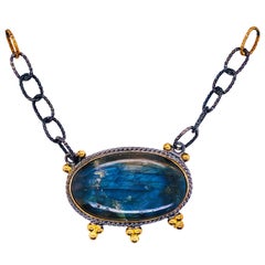 Labradorite Statement Necklace, Blackened Sterling and Gold Set East to West