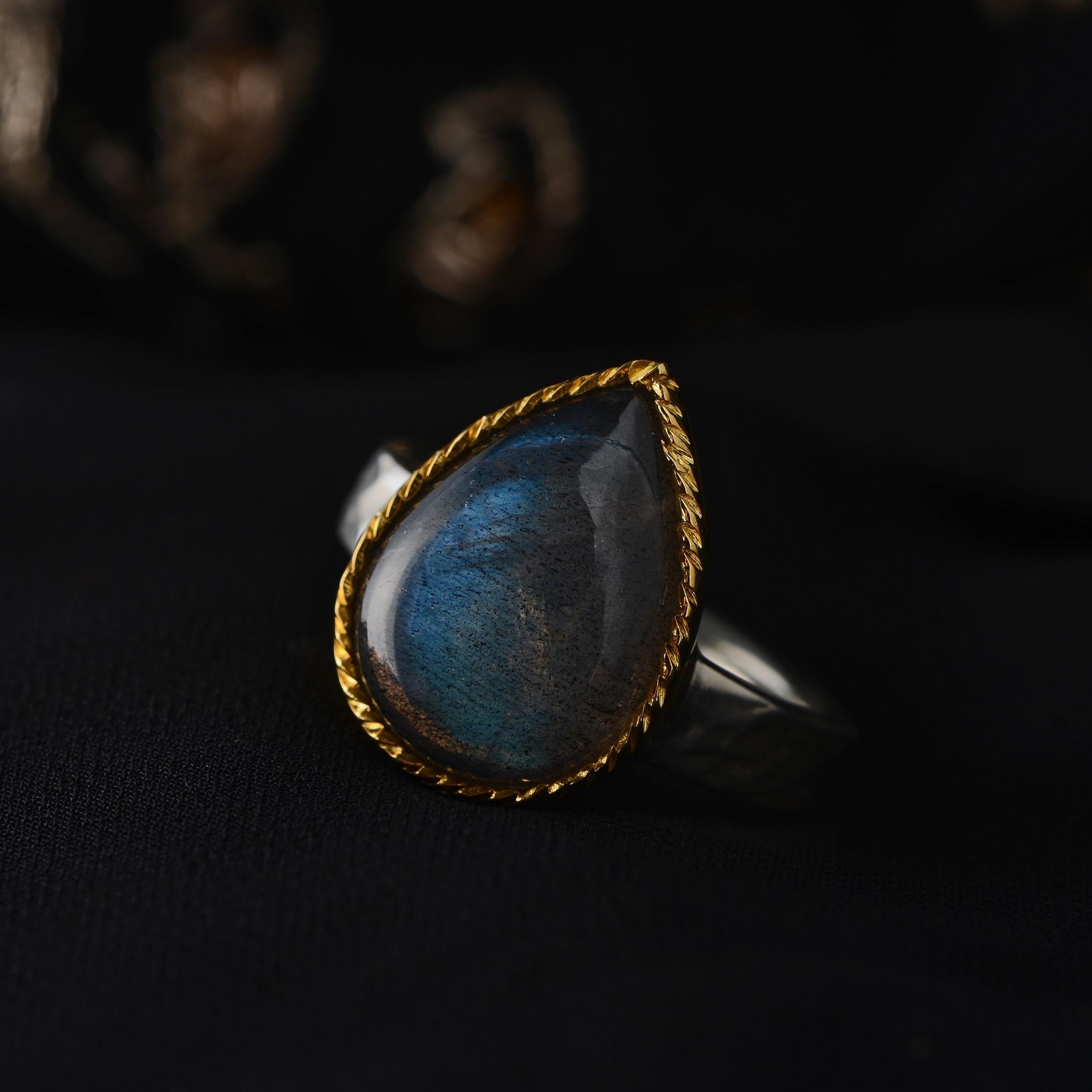 Contemporary Labradorite Teardrop Gold Plate Ring For Sale