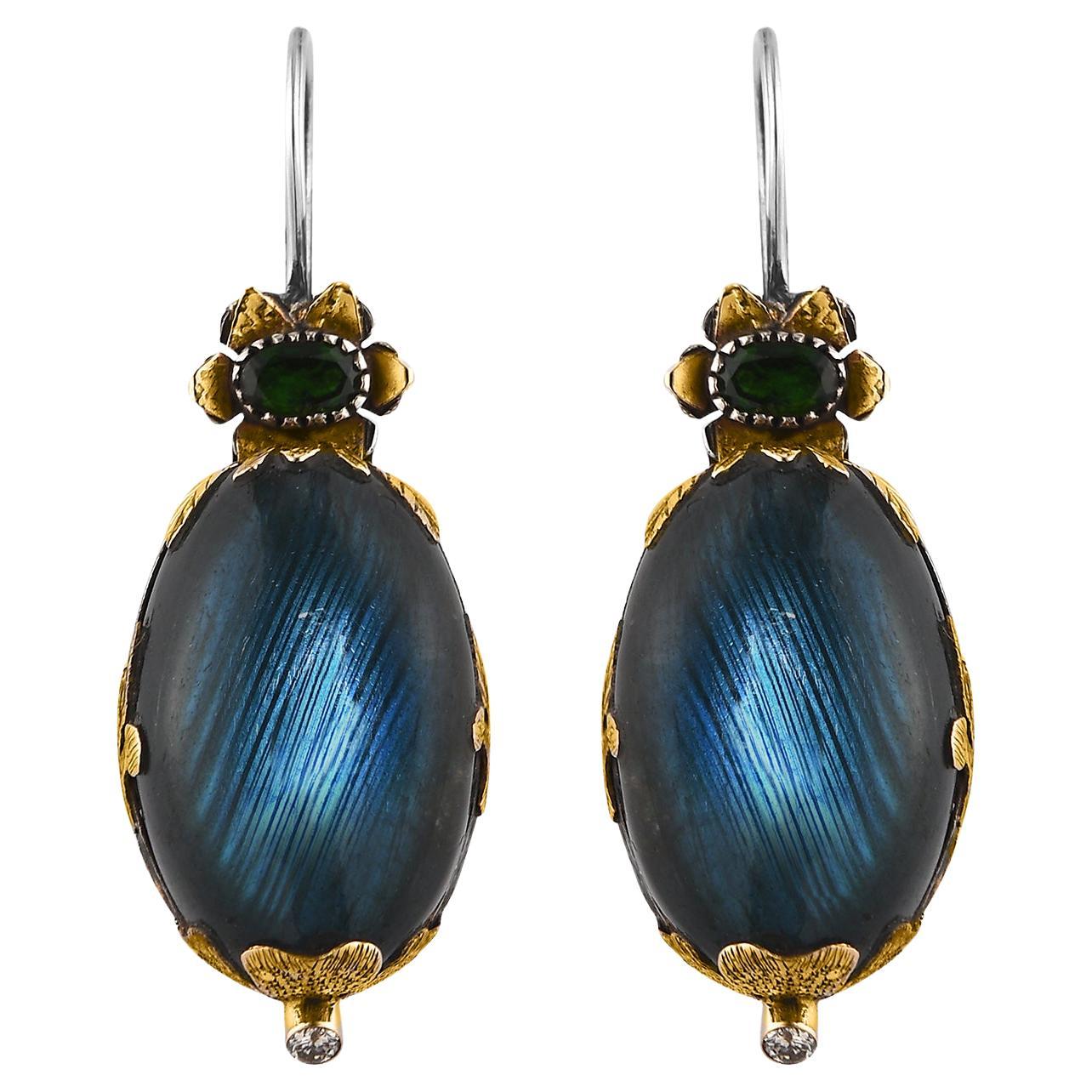 Cabochon Orecchini a goccia con tormalina e diamanti in labradorite in vendita