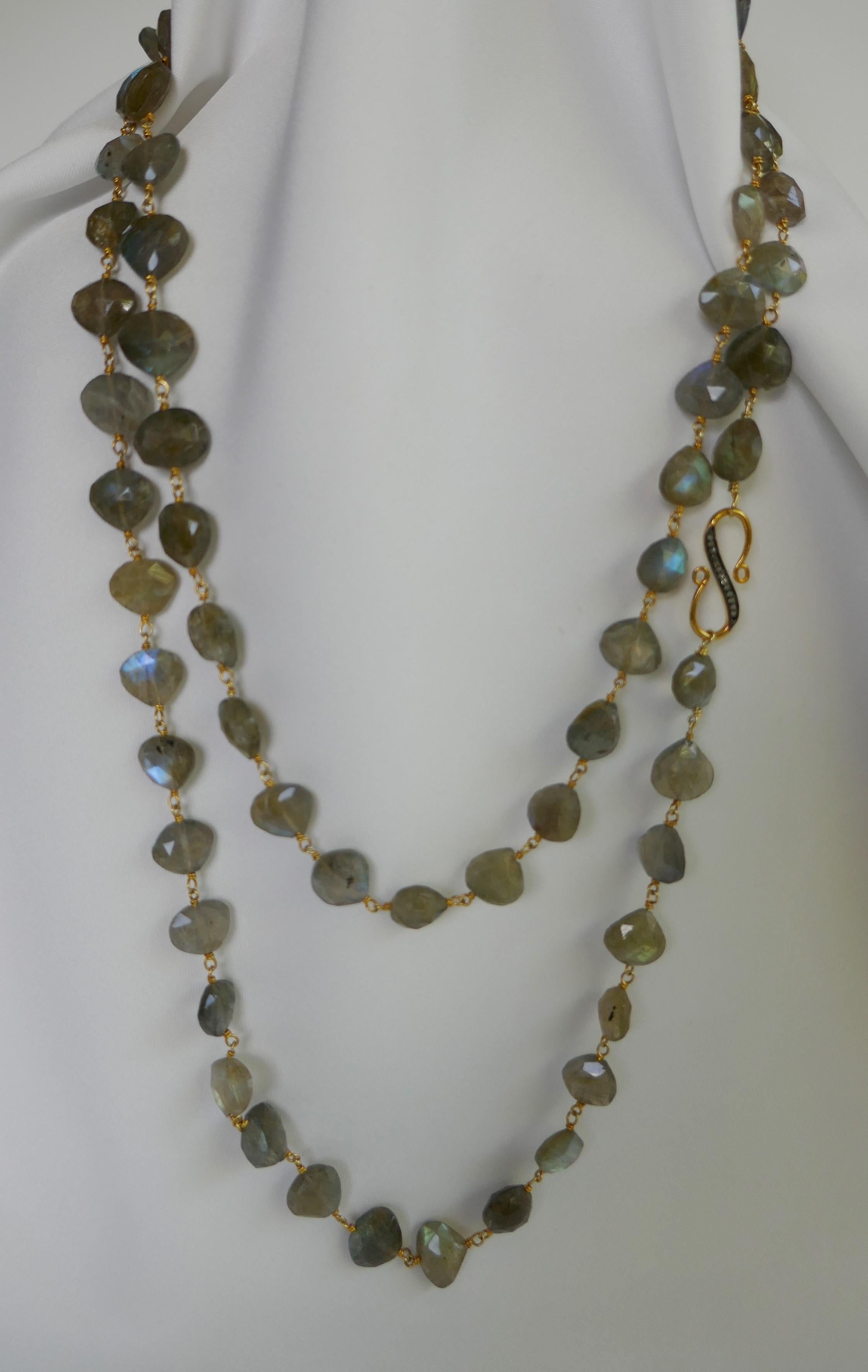 Labradorite Vermeil 925 18k Plated Silver Diamond Clasp Long Gemstone Necklace In New Condition For Sale In Coral Gables, FL