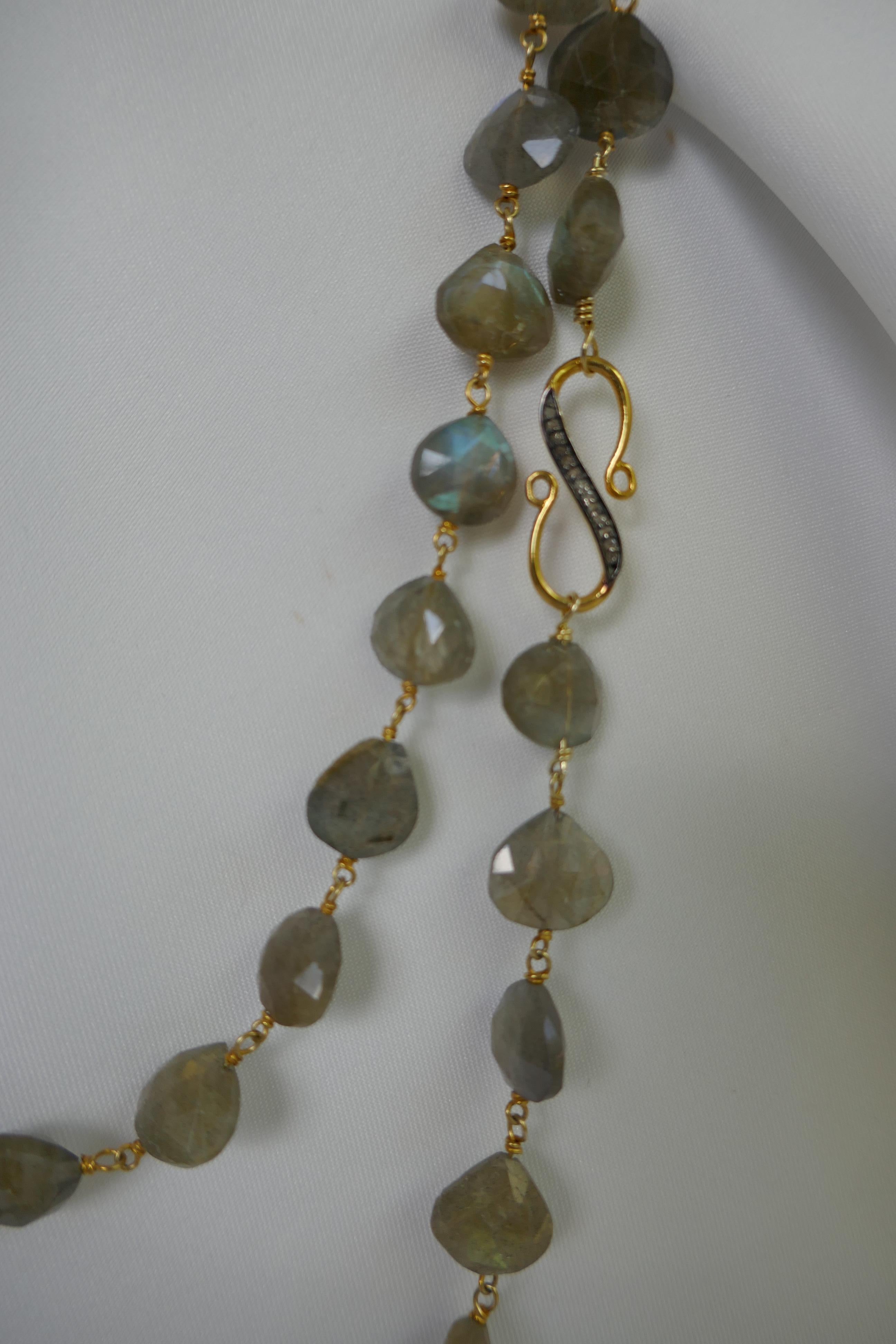 Women's Labradorite Vermeil 925 18k Plated Silver Diamond Clasp Long Gemstone Necklace For Sale