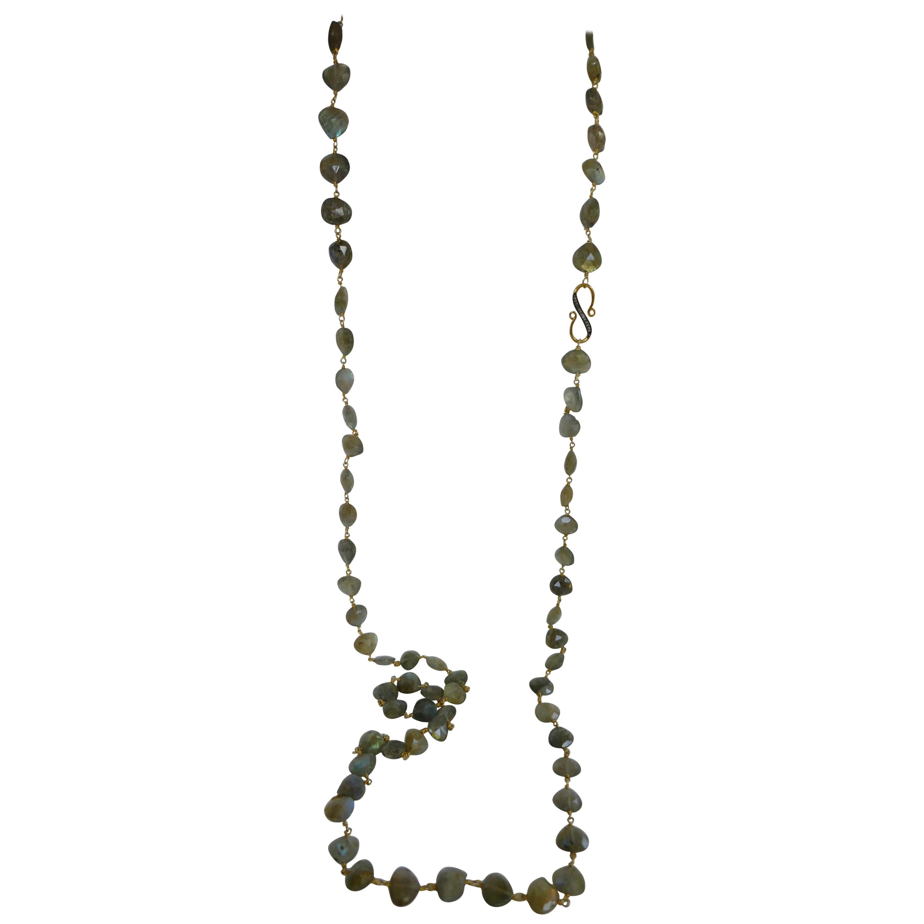 Labradorite Vermeil 925 18k Plated Silver Diamond Clasp Long Gemstone Necklace For Sale