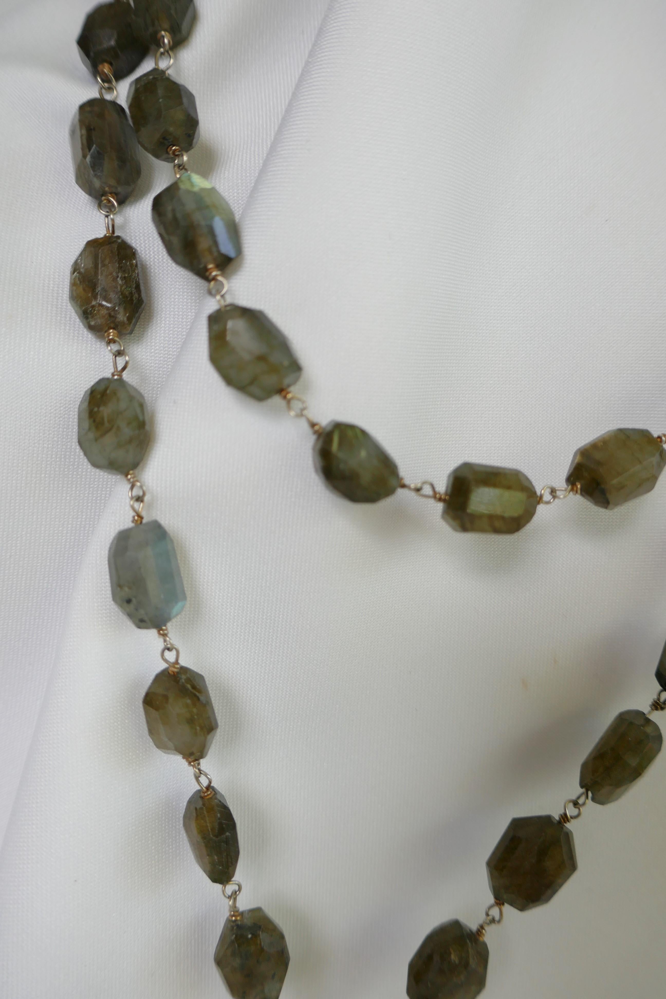 Contemporary Labradorite Vermeil 925 Chain Moonstone Sphere Tassel Lariat Gemstone Necklace For Sale