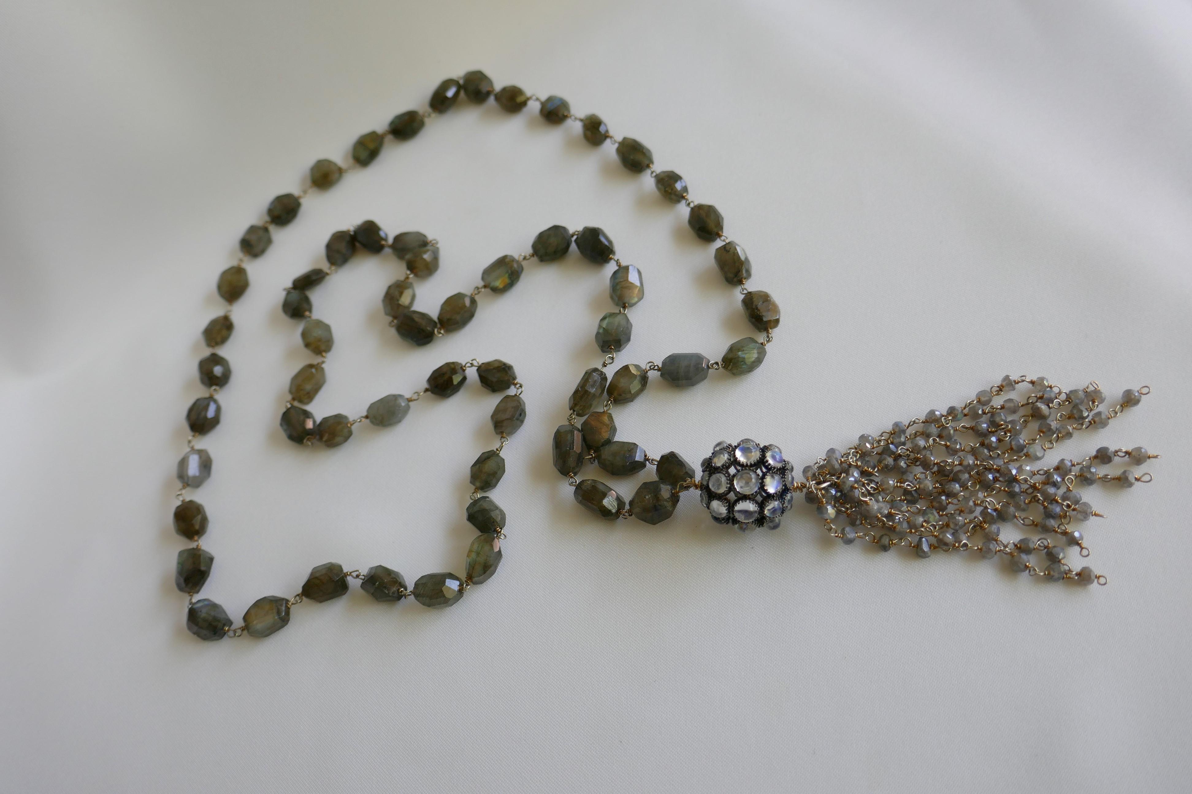Women's Labradorite Vermeil 925 Chain Moonstone Sphere Tassel Lariat Gemstone Necklace For Sale