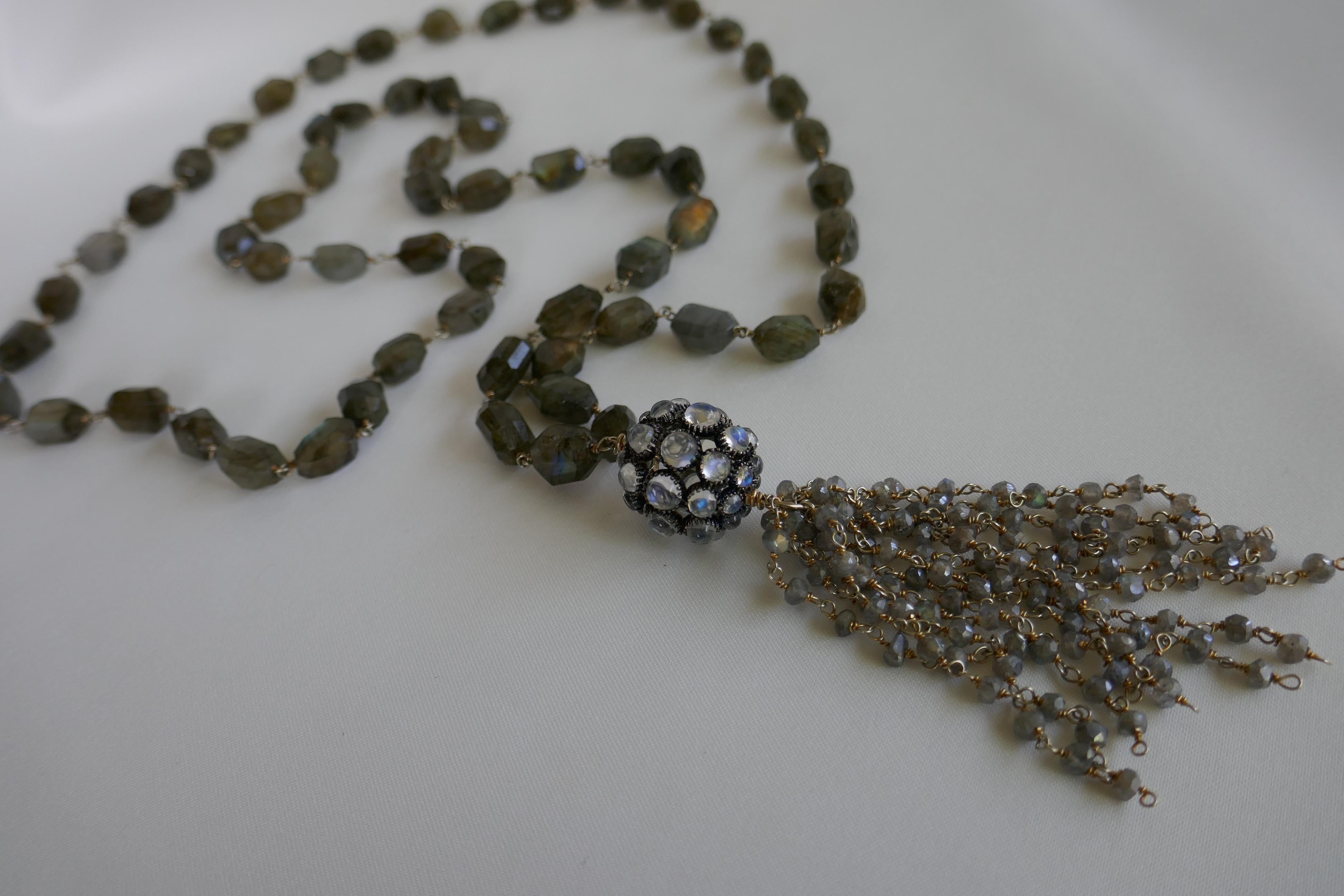 Labradorite Vermeil 925 Chain Moonstone Sphere Tassel Lariat Gemstone Necklace For Sale 1