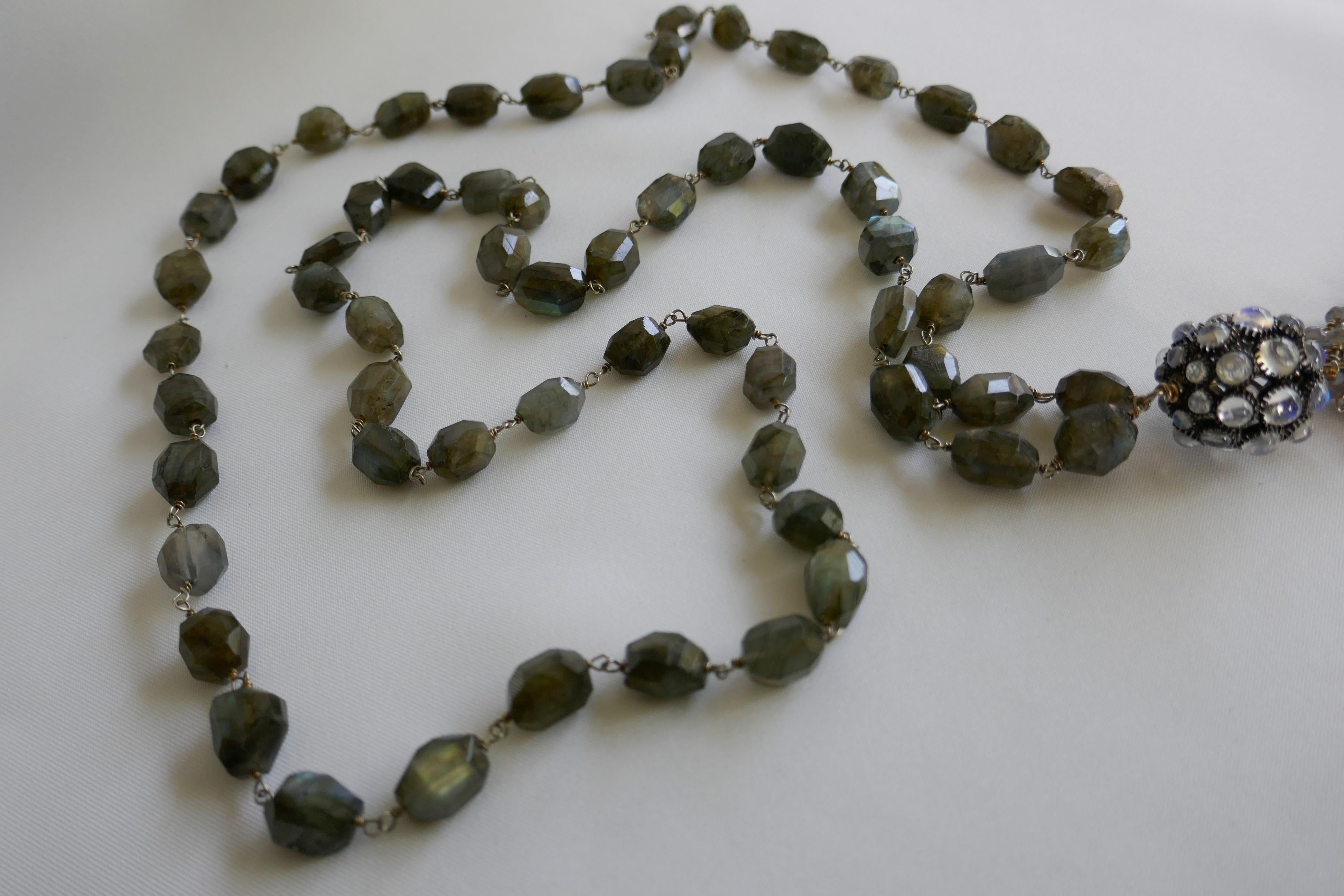 Labradorite Vermeil 925 Chain Moonstone Sphere Tassel Lariat Gemstone Necklace For Sale 2