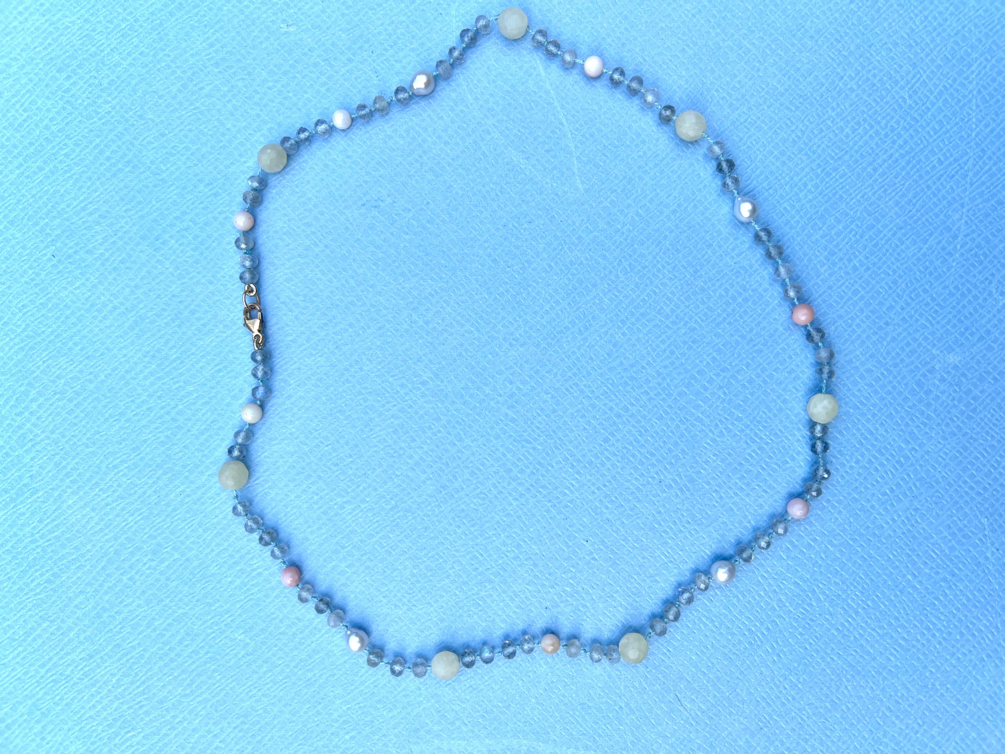 Victorian Labradorite White Pearl Yellow Calcite Pink Opal Bead Necklace For Sale