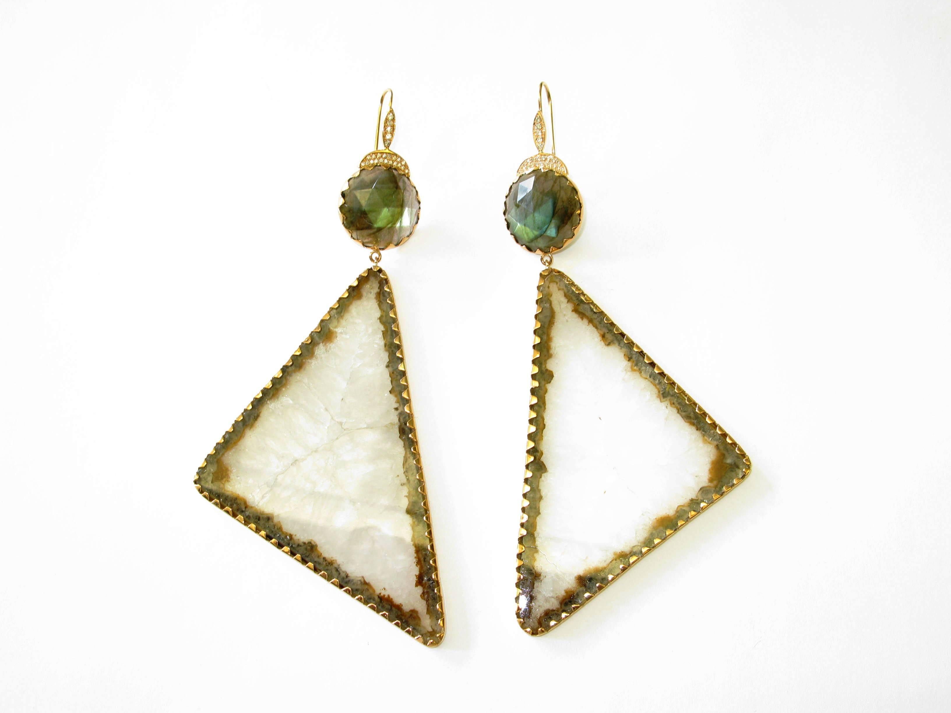 Art Deco Labradorite & White Quartz Dangle Earring with Diamonds Made in 18k Yellow Gold For Sale