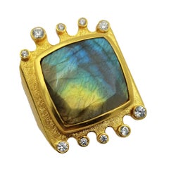 Labradorite White Zircon Silver Gold Plate Ring Artist Hand Made Coctail Ring