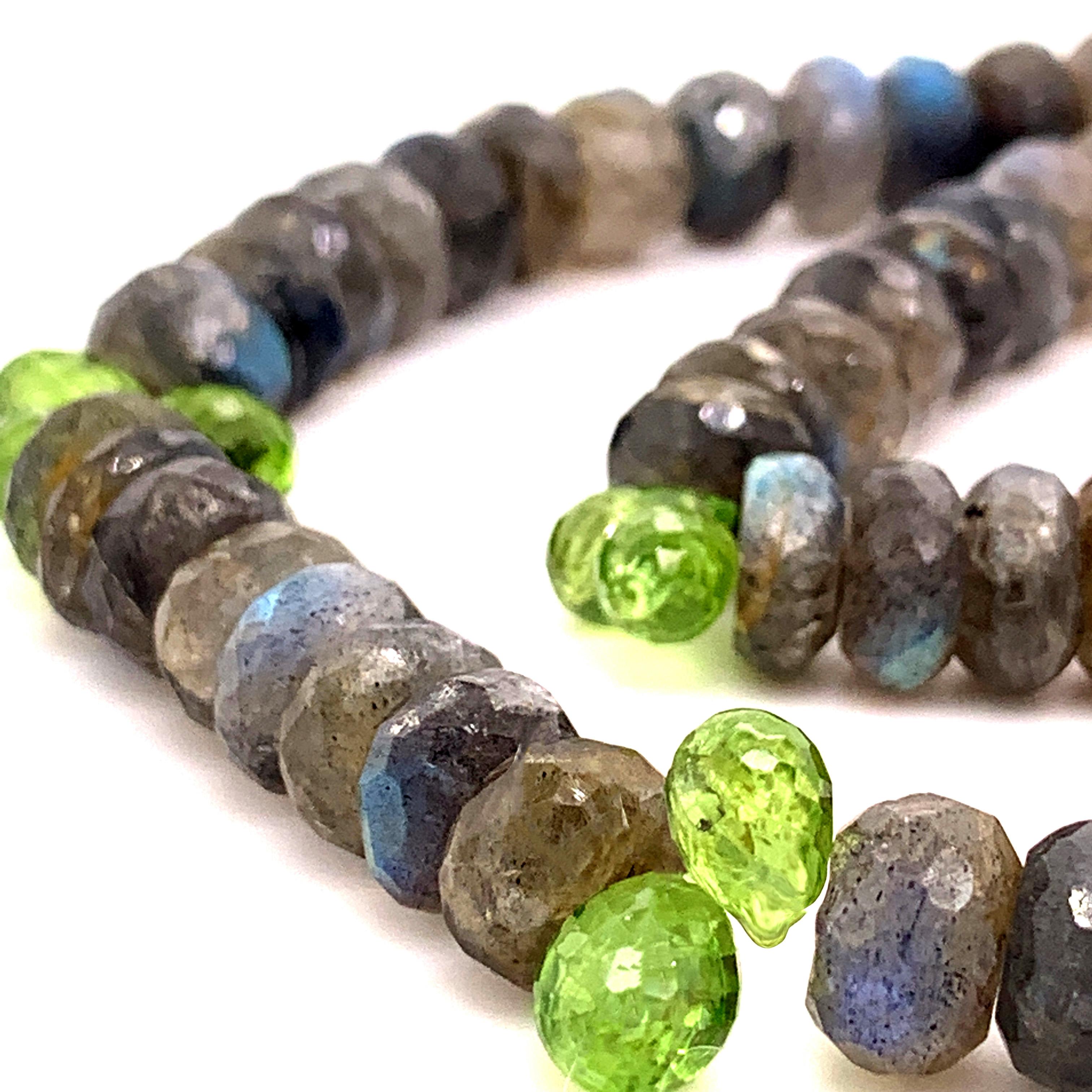My signature necklace with semi-precious gems of faceted labradorite rondels paired with faceted peridot drops & finished with a 14K gold fill Spring Clasp.  19