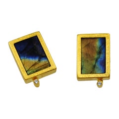 Labradorite Zircon Gold Plate Silver Hand Made Artist Design Stud Earrings