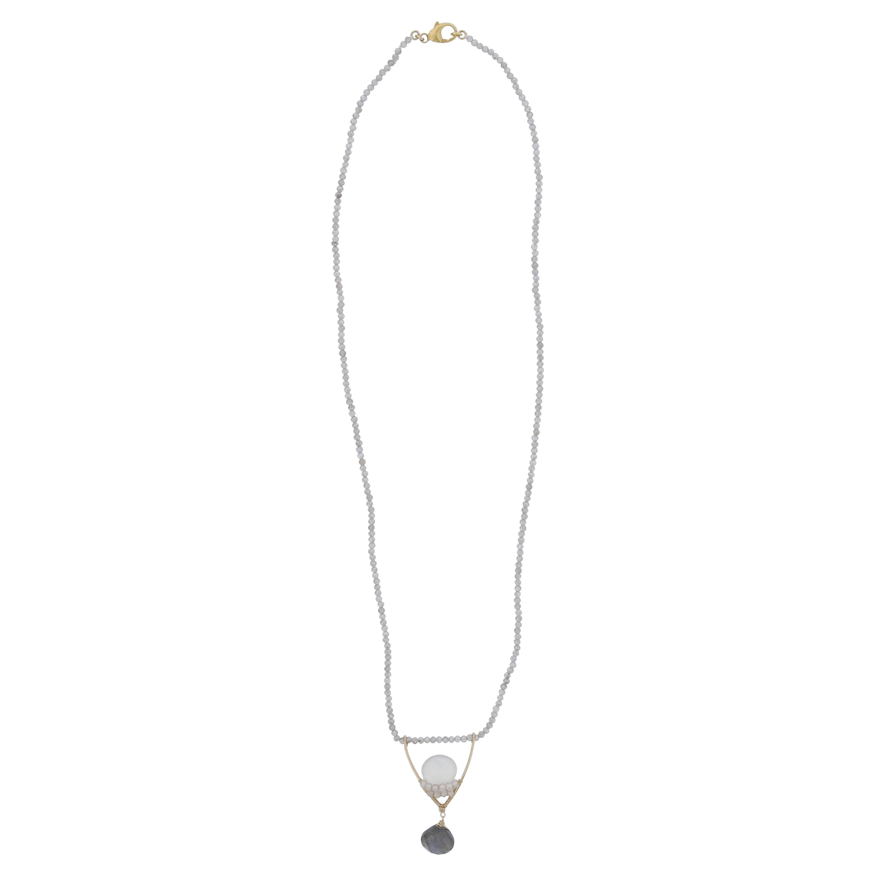 Labradorite, Zircon, White Chalcedony 
14K Gold Filled Wire Wrapped Necklace For Sale
