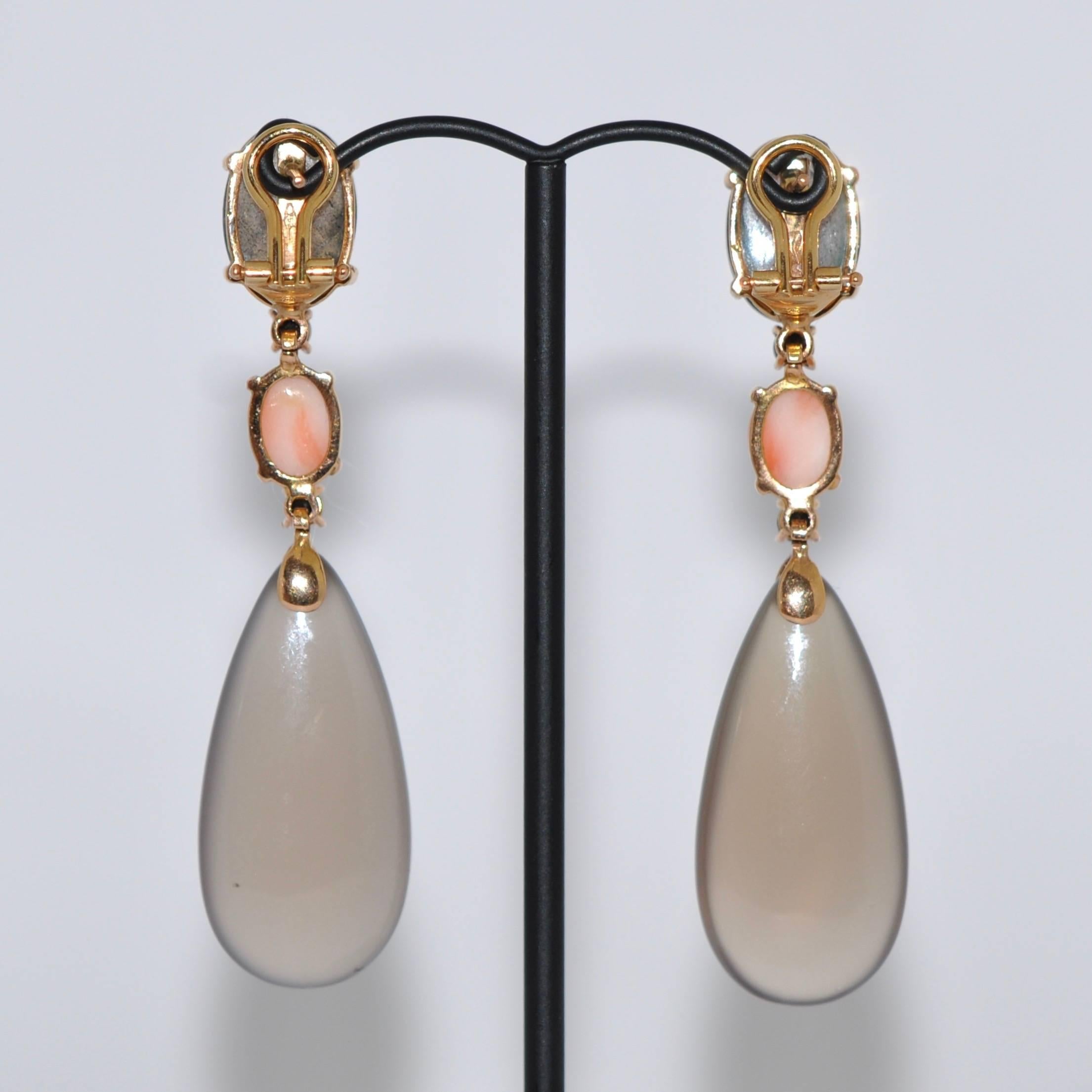 Women's Labradorites, Corals, Spinels and Agates Yellow Gold Chandelier Earrings