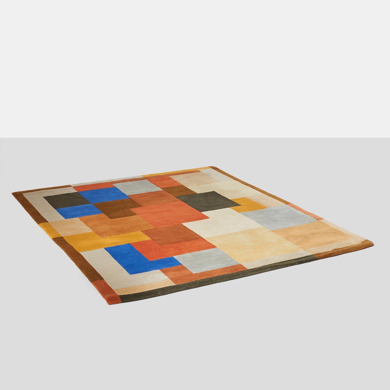 “Labrinthe” by Sonia Delaunay
A hand tufted wool area rug in a geometric Art Deco pattern. Signed with SD initials on the lower right hand corner. Designed from an earlier pattern made famous by Sonia, 
France, circa 1975.