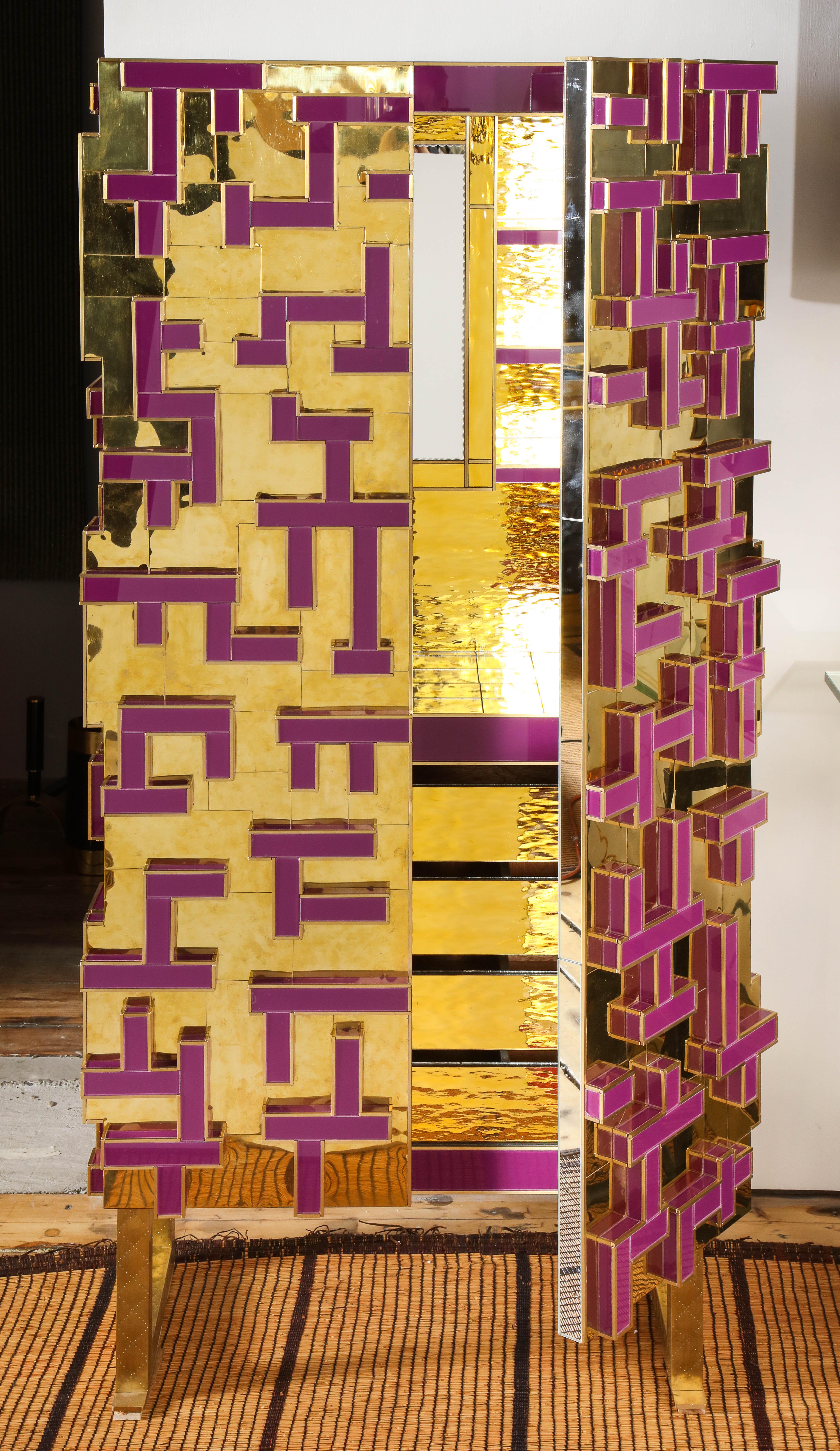 Brass and geometric purple/magenta art glass and clad cabinet. One-of-a-kind contemporary work that took over 1500 hours to handcraft. Entirely handmade by Studio Martin for Karina Gentinetta in Spain showing high quality and elegance of execution.