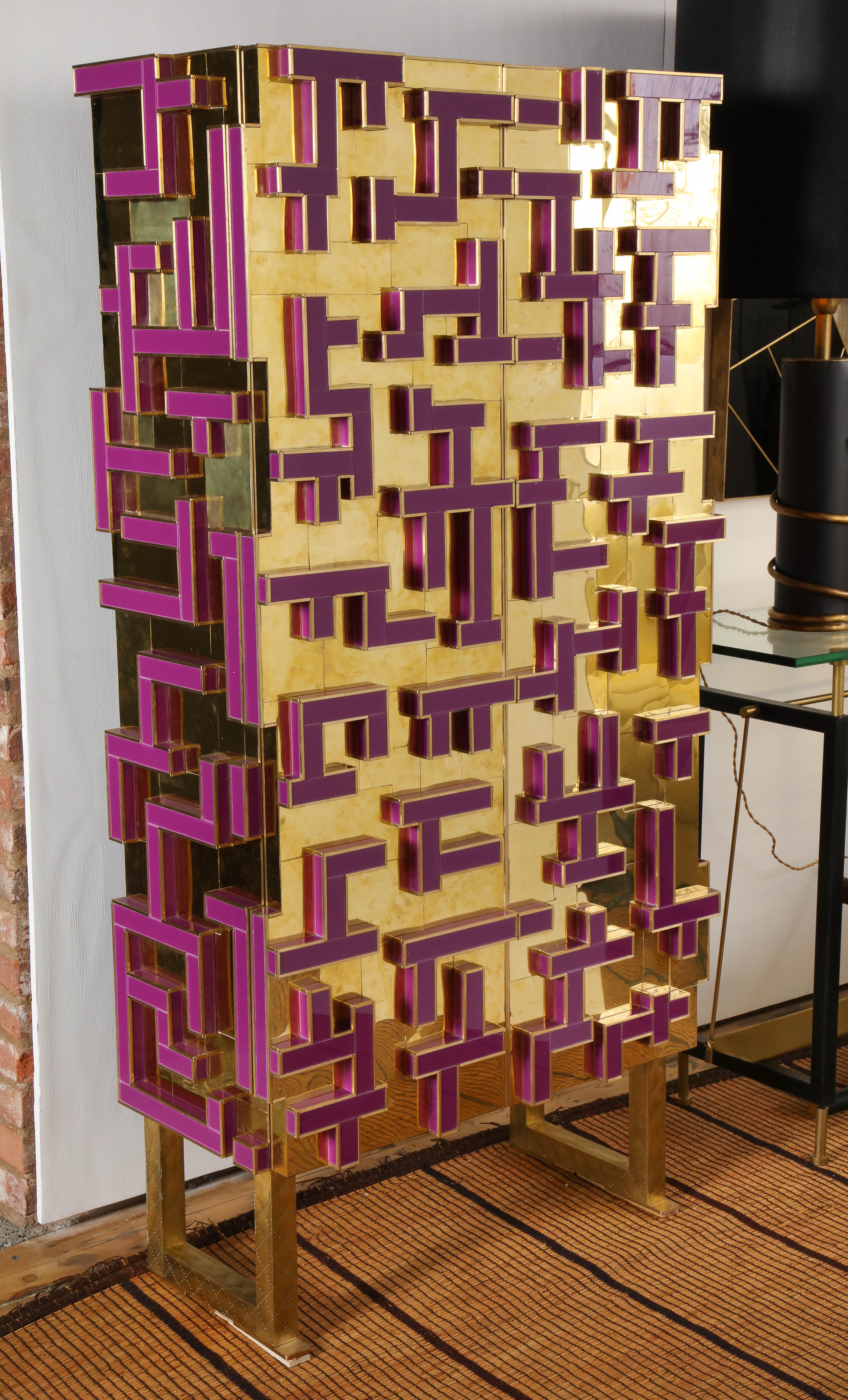 Spanish Brass and Geometric Purple Glass Contemporary Cabinet, Spain, 2018
