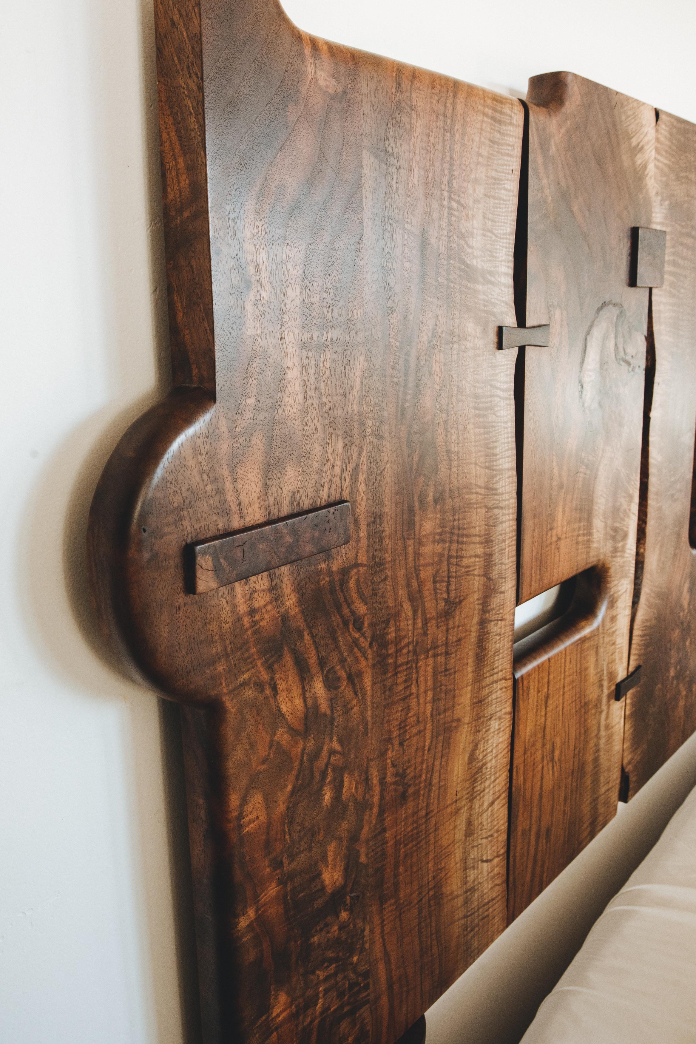 Labyrinth Headboard in Figured Oregon Walnut, Claro Burl and Ebony For Sale 1