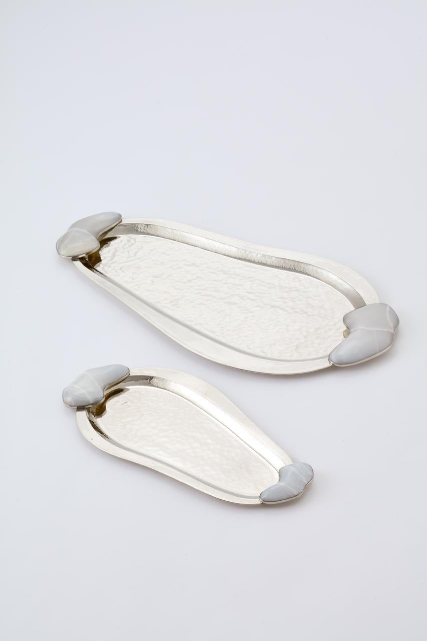 South American Lacar Medium Silver Alpaca & Cream Onyx Stone Tray For Sale