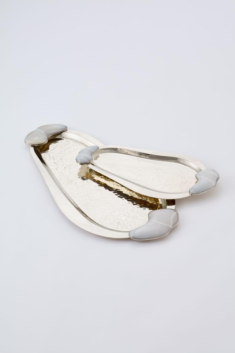 Hand-Carved Lacar Medium Silver Alpaca & Cream Onyx Stone Tray For Sale