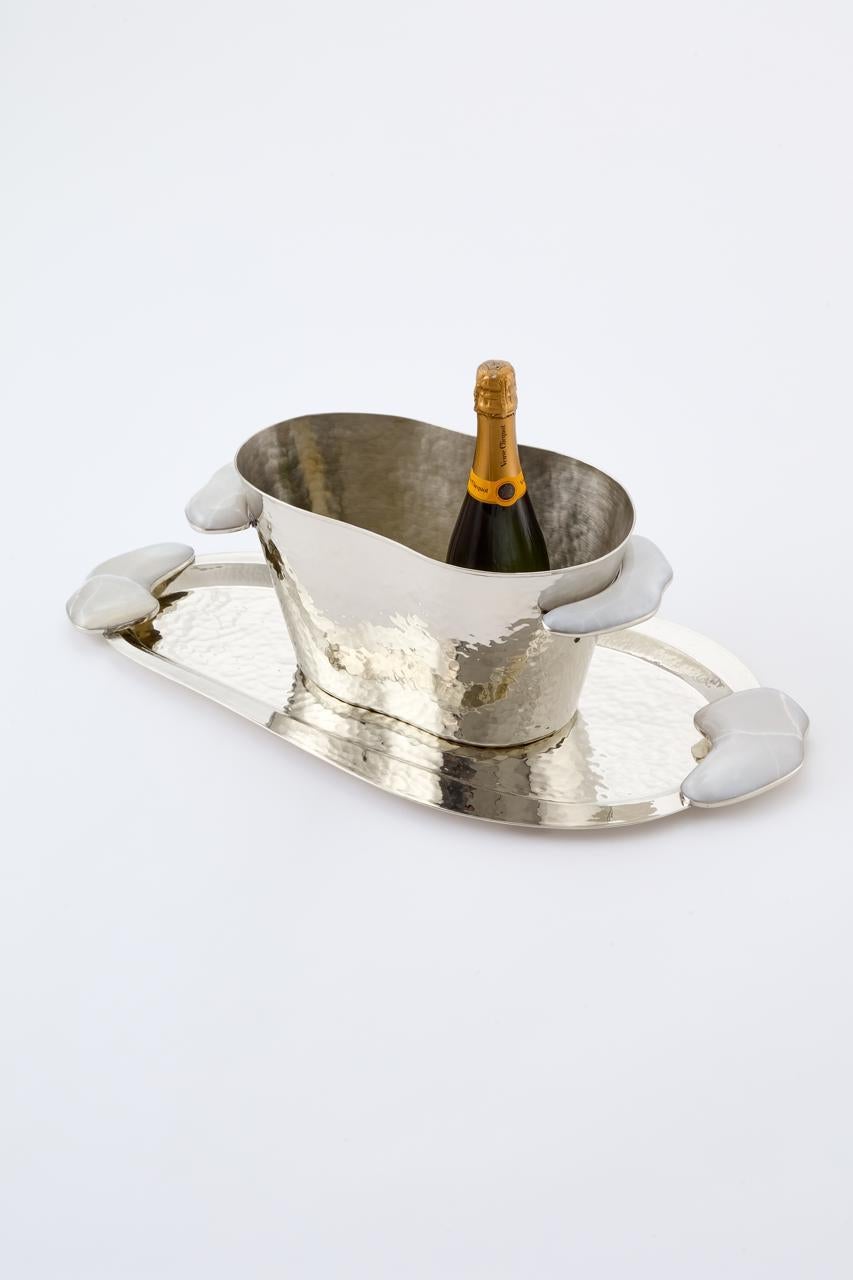 Metal Lacar Medium Silver Alpaca & Cream Onyx Stone Tray For Sale