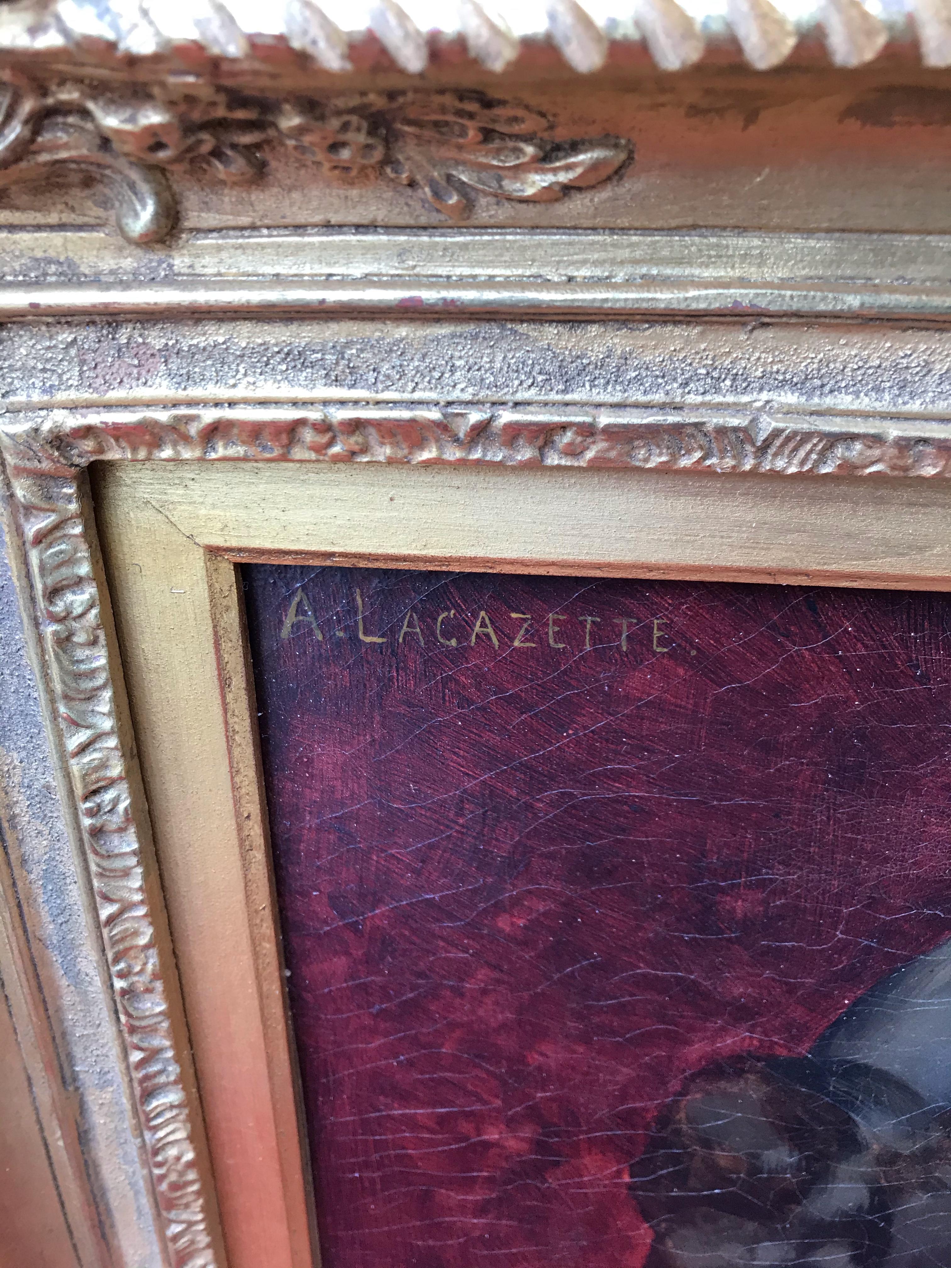Lacazette Amelie (19.)
Junges Mädchen mit einer Taube
Öl auf Leinwand signiert oben links
Alter Rahmen mit vergoldeten Blättern
Abmessung Leinwand : 56 X 37 cm
Abmessung Rahmen : 74 X 57 cm

Lacazette Amelie (19.) -
Französischer Maler 19.