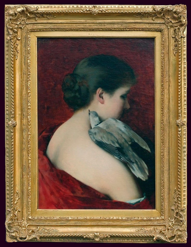 Portrait of a Young Girl with a Dove - Painting by LACAZETTE Amélie