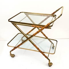 Lacca Midcentury Bamboo and Brass Italian Bar Cart with Glass Shelves, 1950s