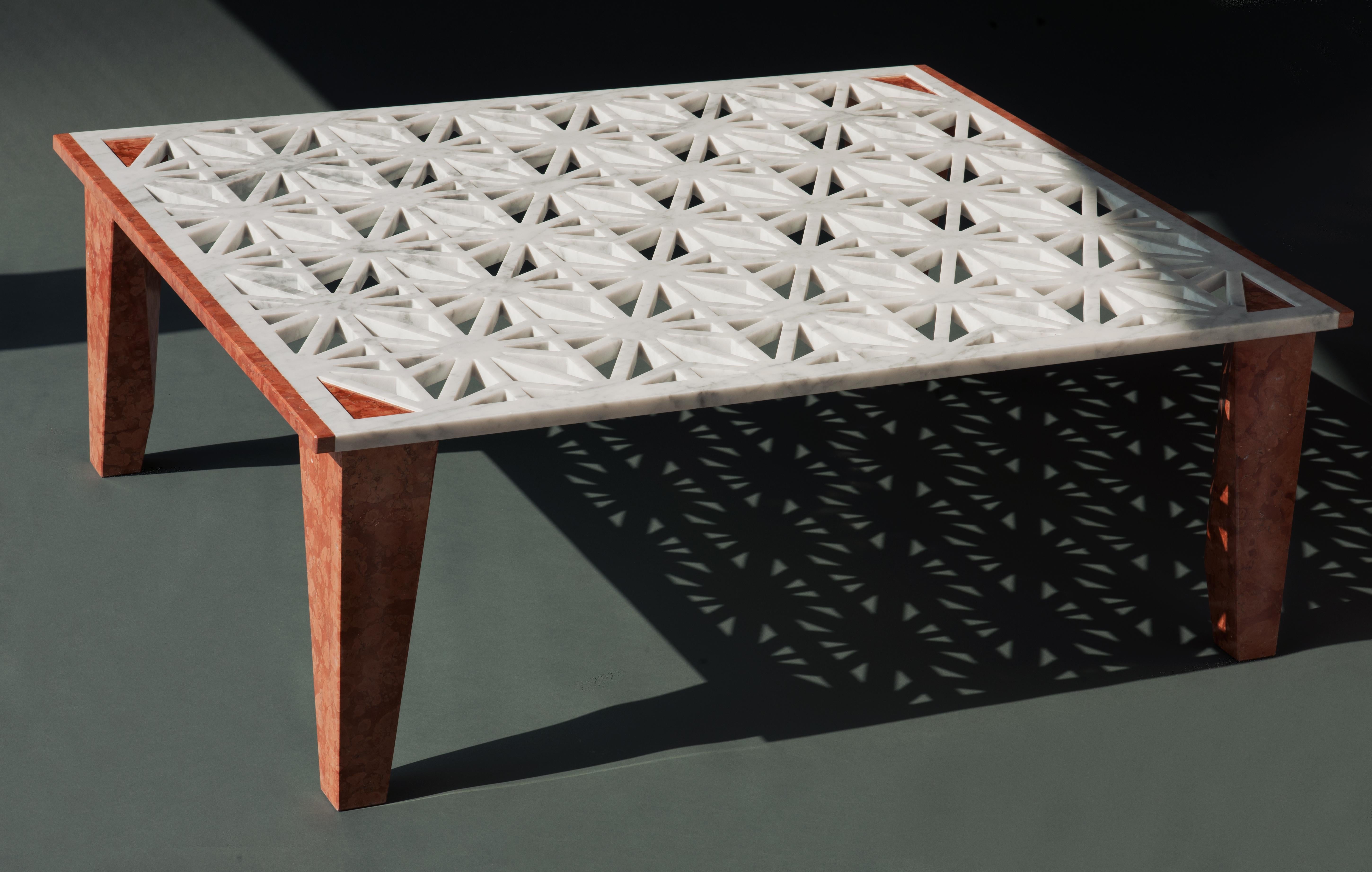 Made in collaboration with the architect Stefano Calchi Novati, Lace is a coffee table made entirely of marble. 

The table top is the undisputed protagonist of this elegant and exclusive home design object. The inlaid decoration of the table top,