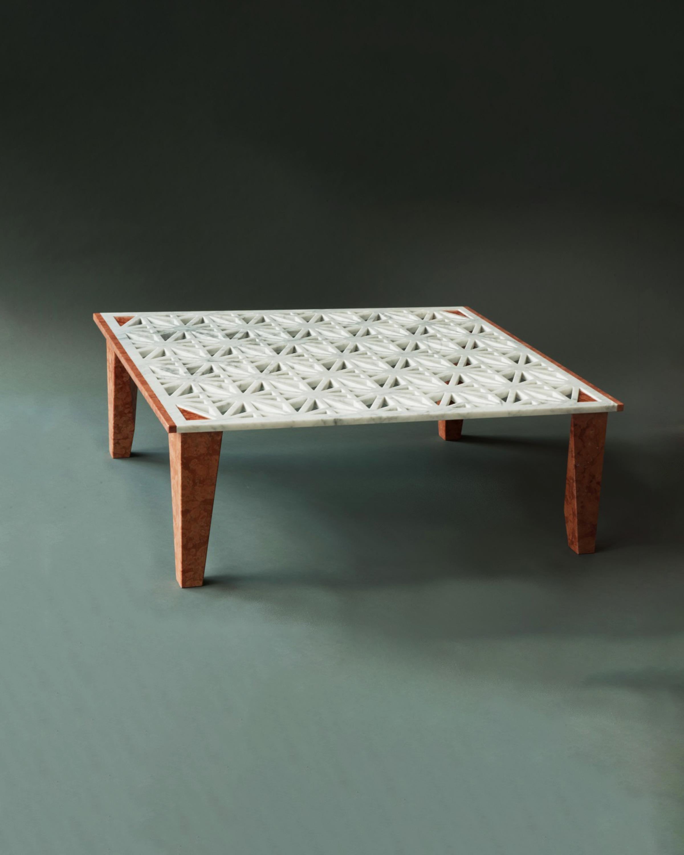 Lace, 21st Century Low Side Carrara and Rosso Verona Marble Table For Sale 1