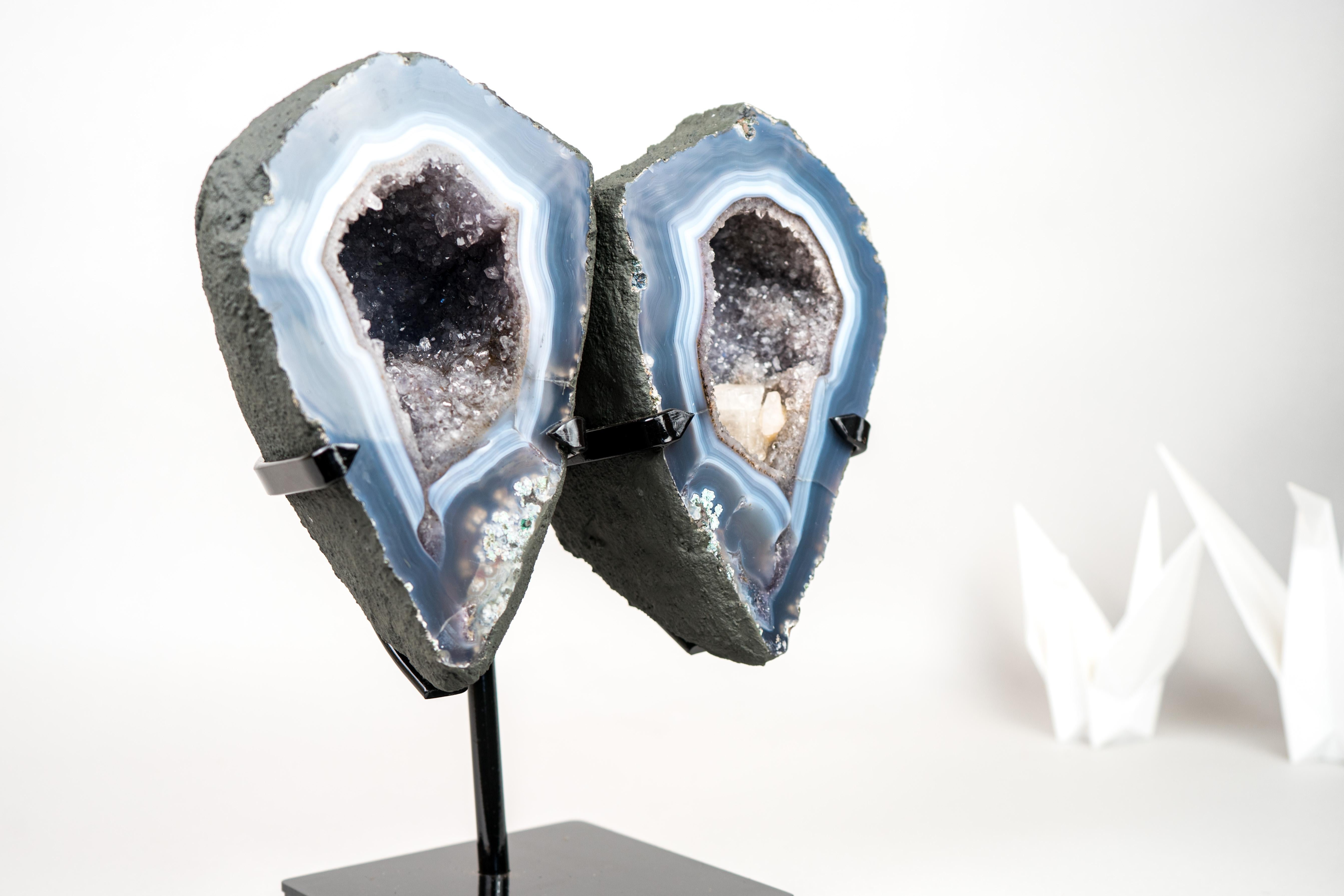 Contemporary Lace Agate Angel Wings Geode with Blue and White Bands For Sale