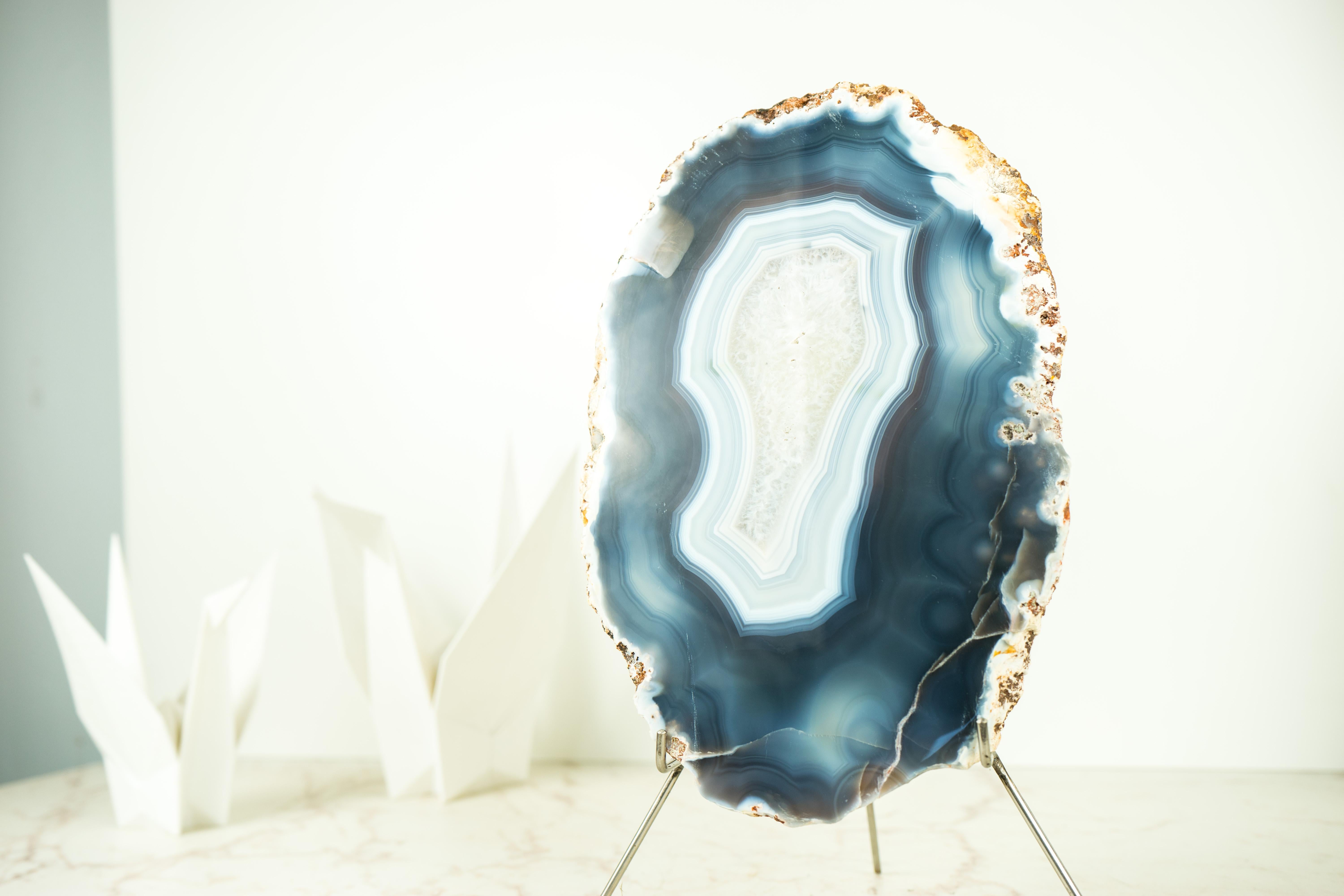 Lace Agate Geode on Stand with Natural Blue Banded Agate - All Natural For Sale 5