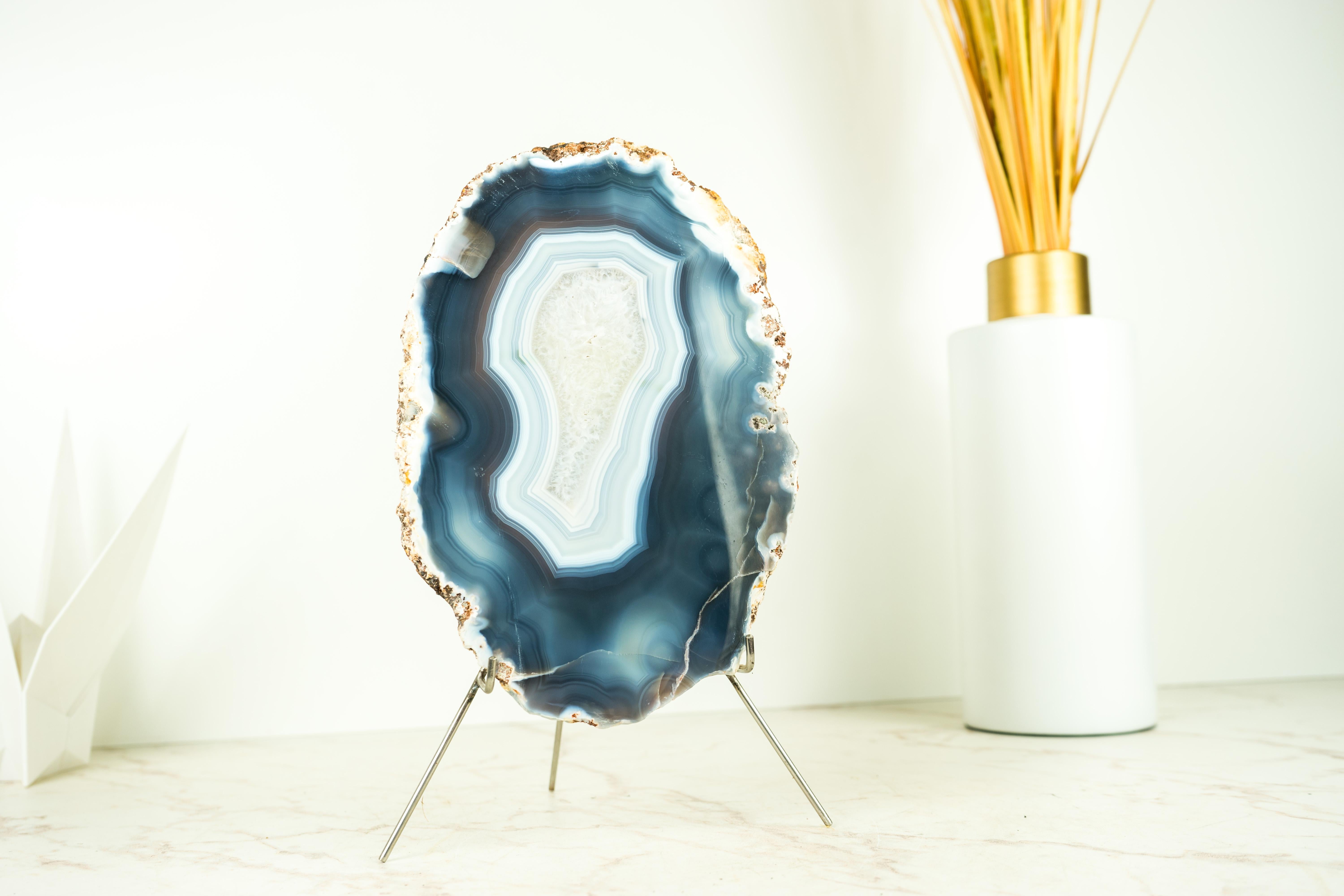 Lace Agate Geode on Stand with Natural Blue Banded Agate - All Natural For Sale 6