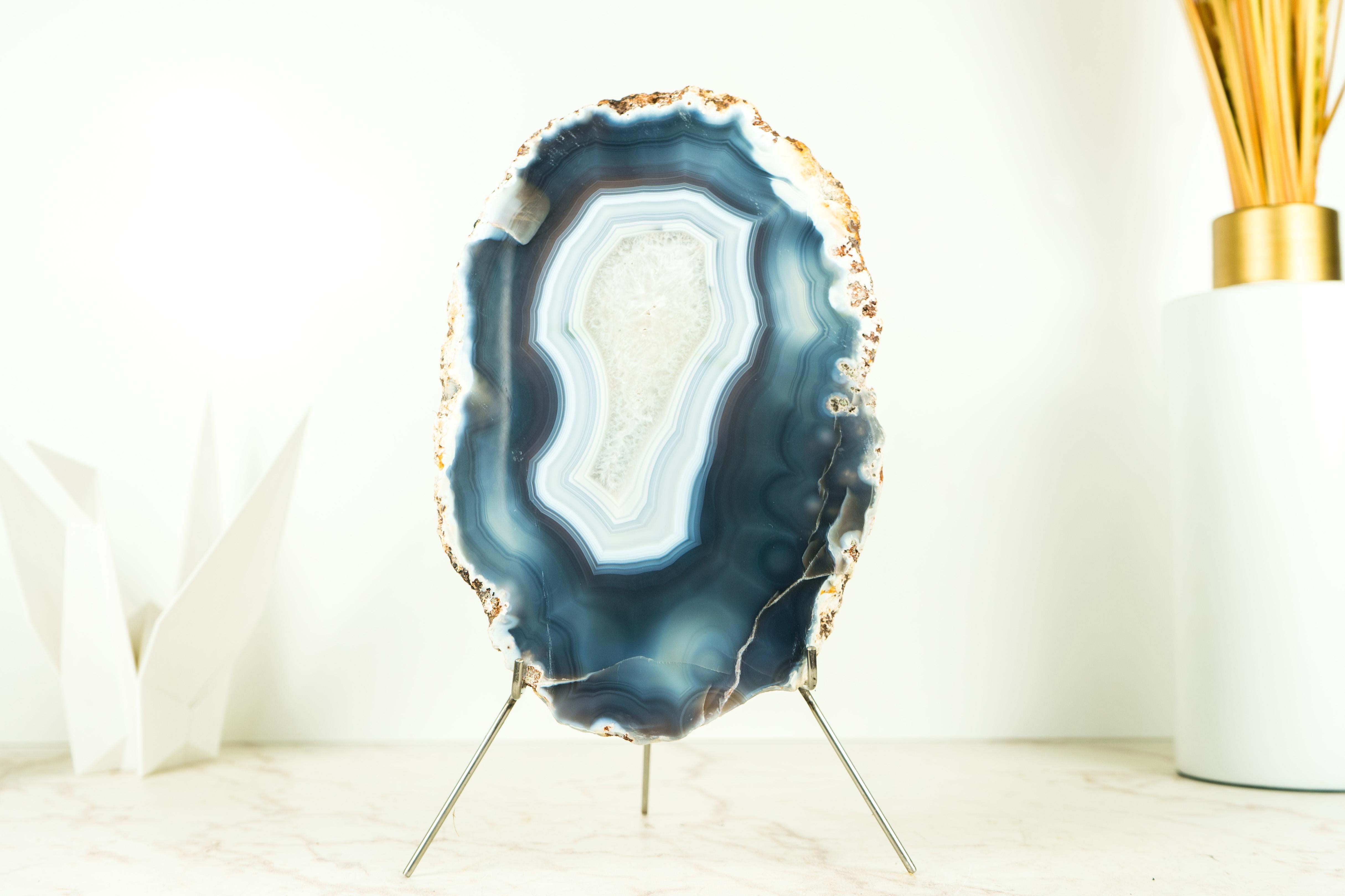 Lace Agate Geode on Stand with Natural Blue Banded Agate - All Natural For Sale 7